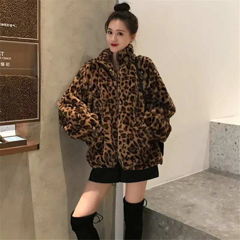BlackTree Women Chaqueta Vintage Leopard Stand Collar