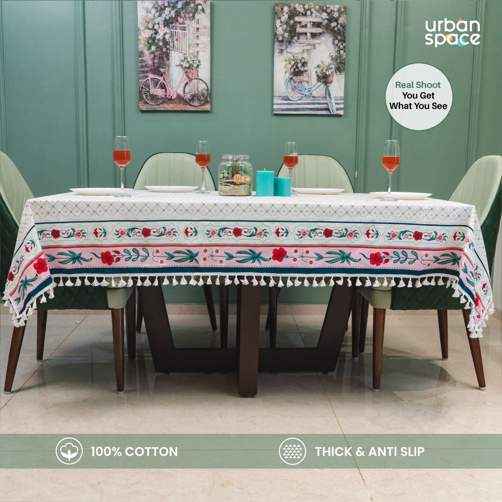 Urban Space Home Furnishing 100% Cotton Dining Table Cover, Printed Cotton Table Cloth with Boho Tassels - Hibiscus Bloom Border Pink - view 2