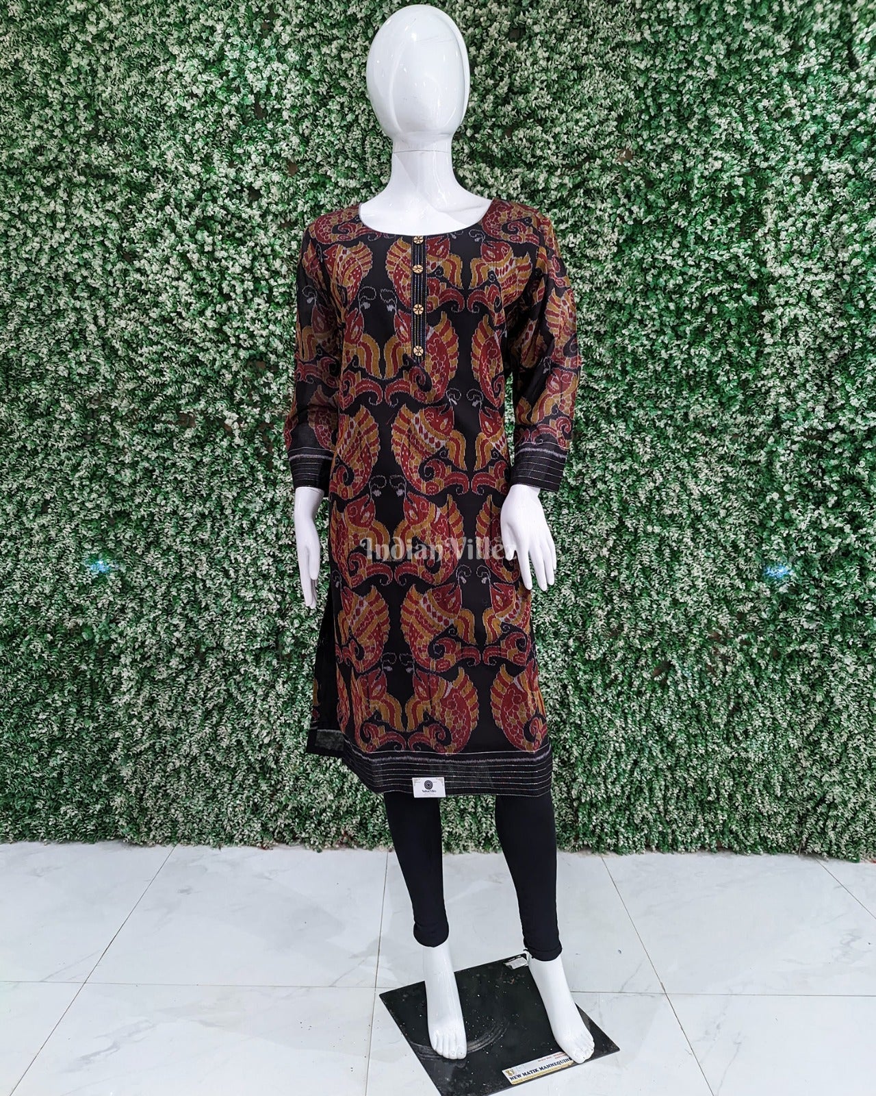IndianVillèz Black Red Fish Motif Odisha Ikat Designer Cotton Kurti for Women