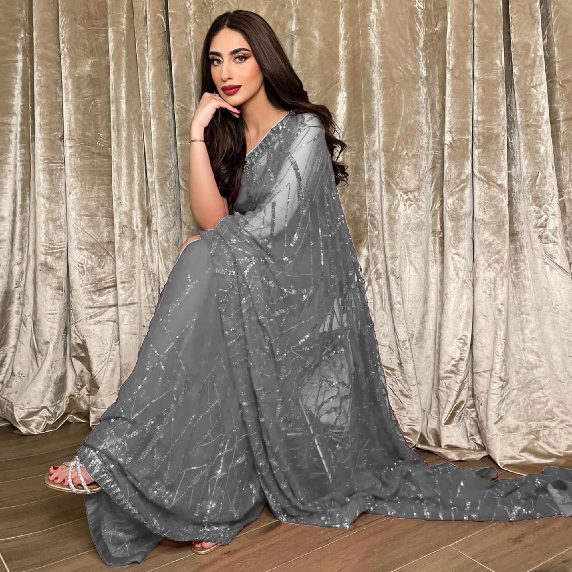 Peachmode Grey Sequins Embroidered Georgette Saree