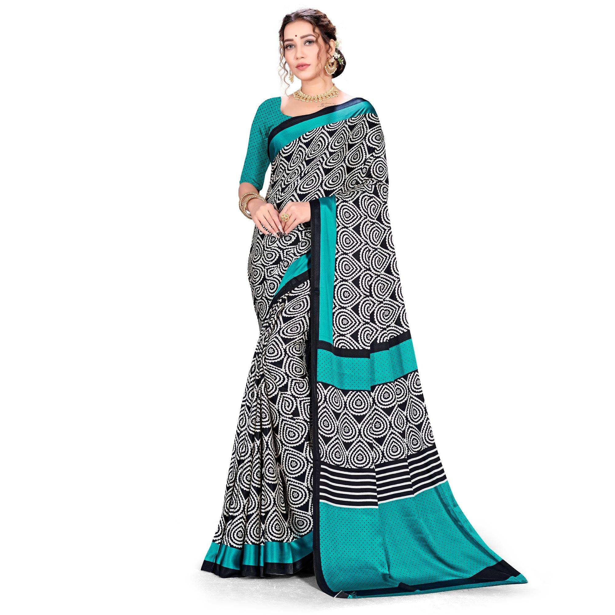 Peachmode Lovely Blue-Black Colored Festive Wear Printed Satin Crepe Saree