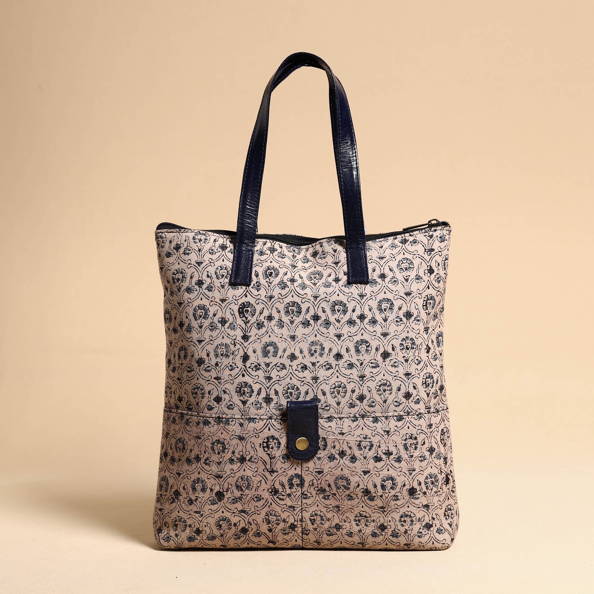 ASALKAAR Beige - Handcrafted Kalamkari Block Printed Hand Bag with Leather Handle