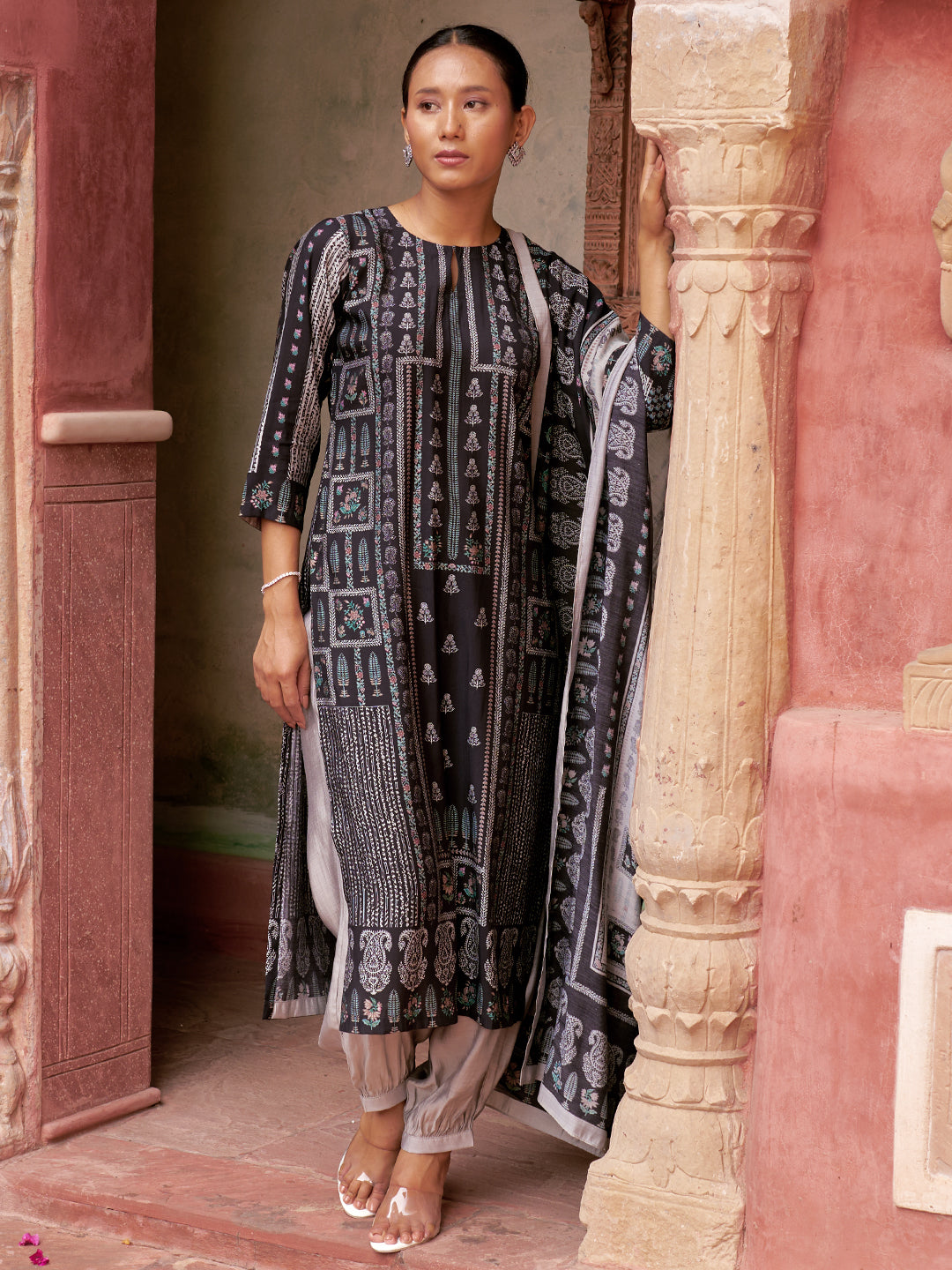 Libas Black Printed Cotton Straight Suit With Dupatta