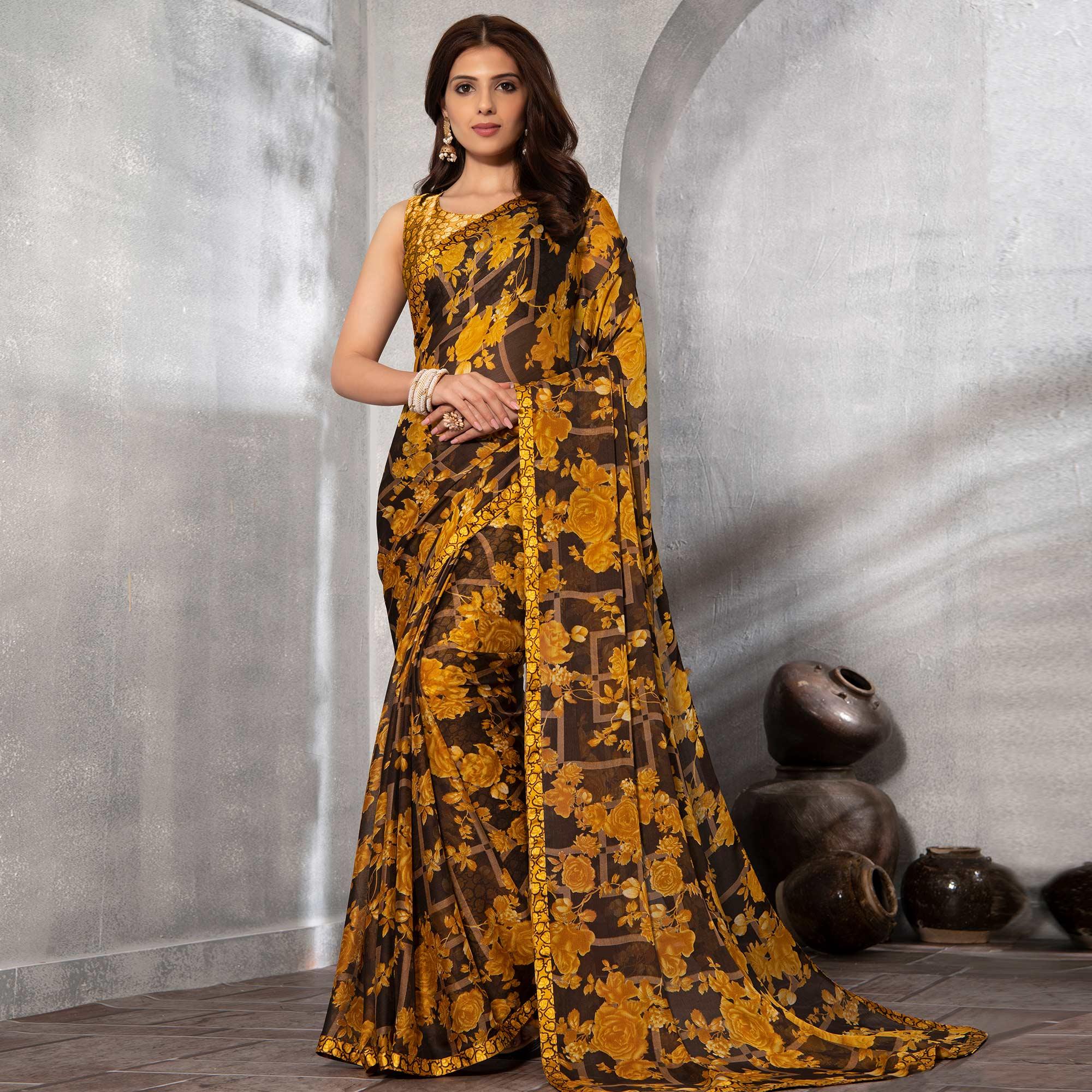Peachmode Lovely Brown - Yellow Colored Casual Floral Printed Chiffon Saree