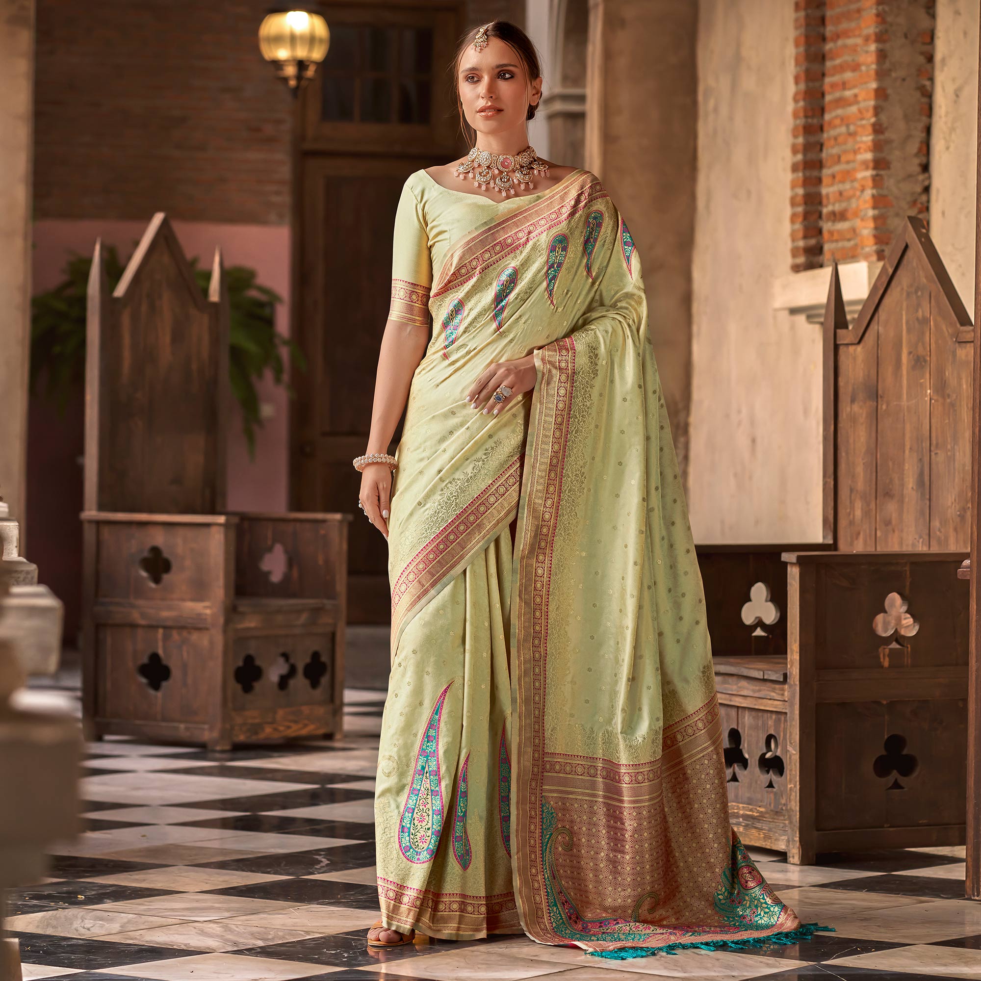 Peachmode Chikoo Floral Woven Banarasi Silk Saree With Tassels - view 2