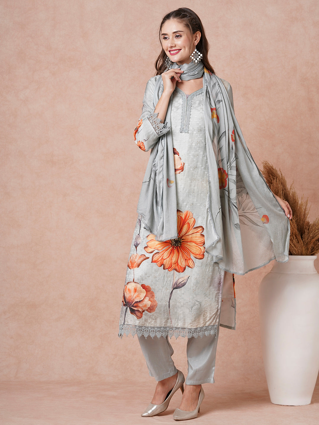 Fashor Floral Printed Resham & Sequins Embroidered Kurta with Pants & Dupatta - Grey
