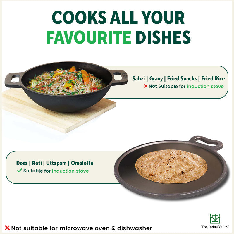 The Indus Valley Super Smooth Cast Iron Kadai+Tawa+ Free ₹400 Tadka Pan, Kitchen set for Home, 100% Pure, Toxin-free, Nonstick - view 11