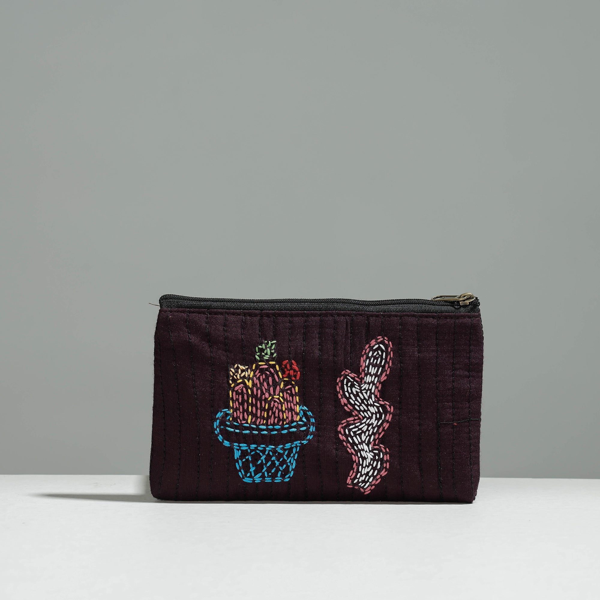 RANGILA DHAGA Brown - Gamcha Fabric Hand Embroidered Jewelry Pouch