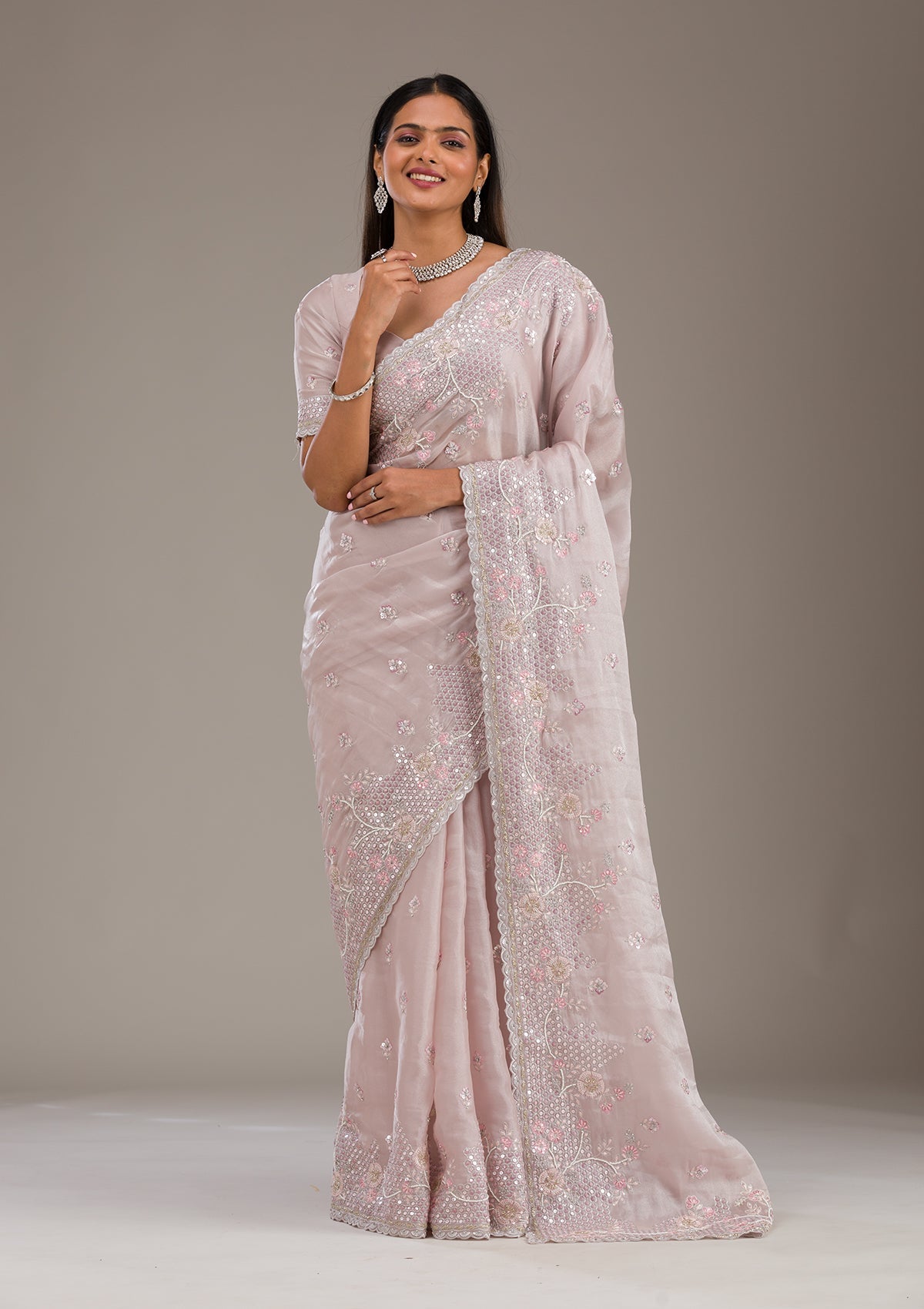 Koskii Light Grey Sequins Tissue Saree – Women's - view 3