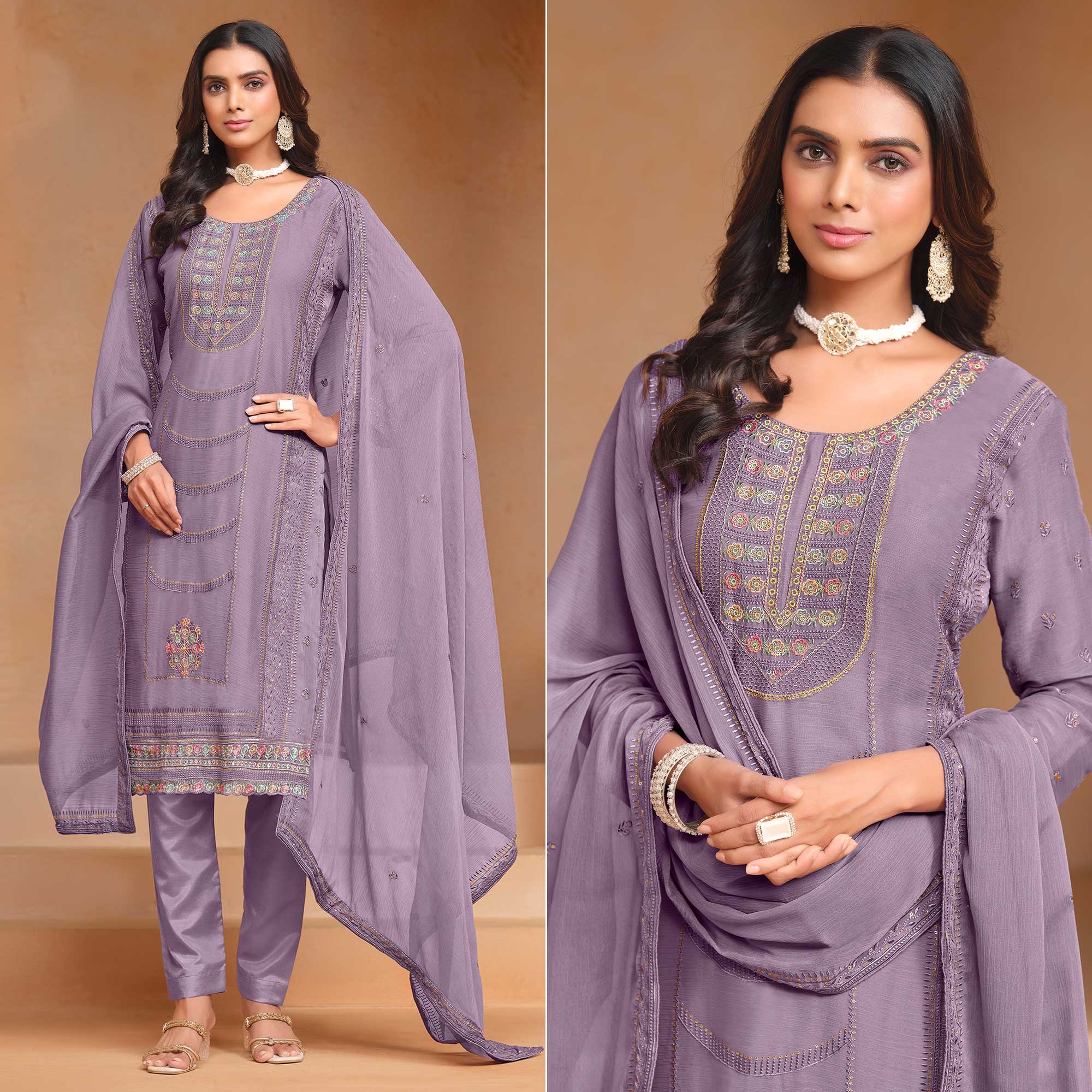 Peachmode Lavender Floral Embroidered Organza Semi Stitched Salwar Suit