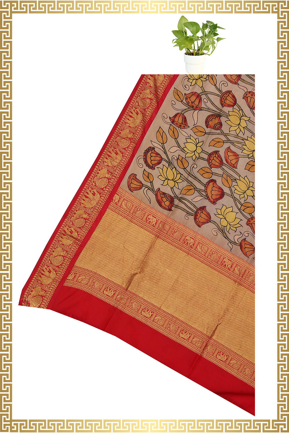 Kalanjali Grey Kalamkari Hand-Painted Dupatta
