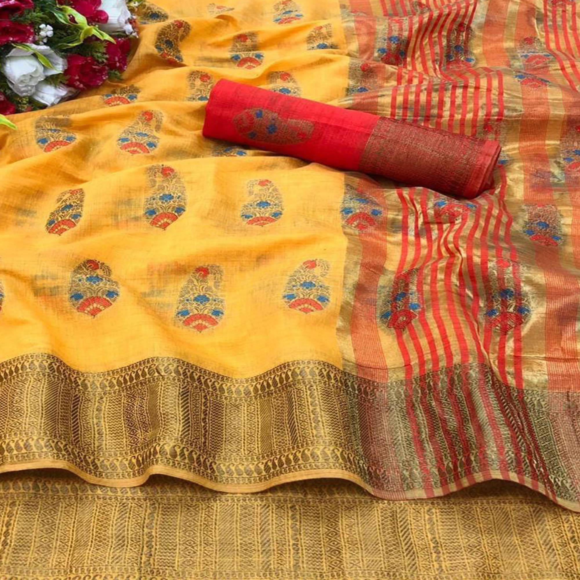 Peachmode Groovy Yellow Colored Festive Wear Woven Tussar Silk Saree