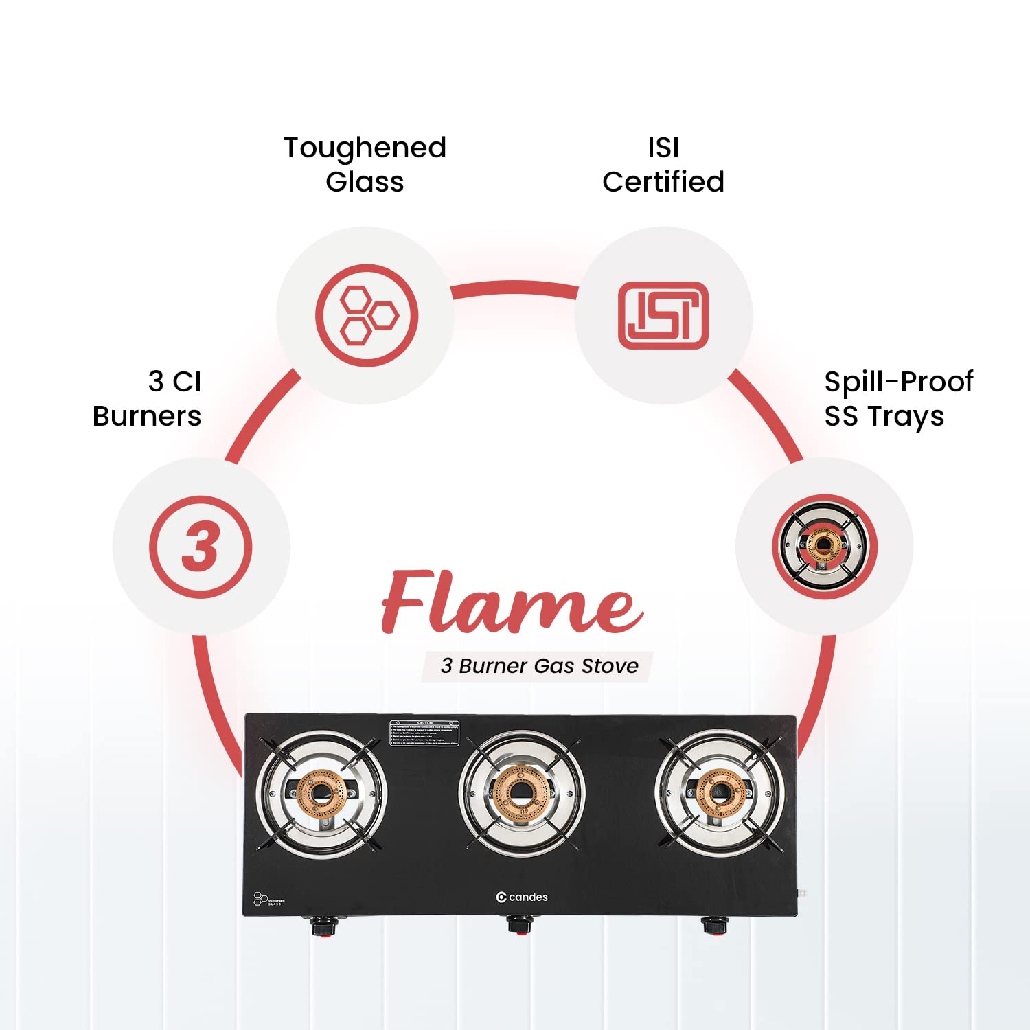 Candes Flame Glass Top Gas Stove, Manual Ignition, Black (ISI Certified, with 12 Months Warranty (3 Burner) - view 3