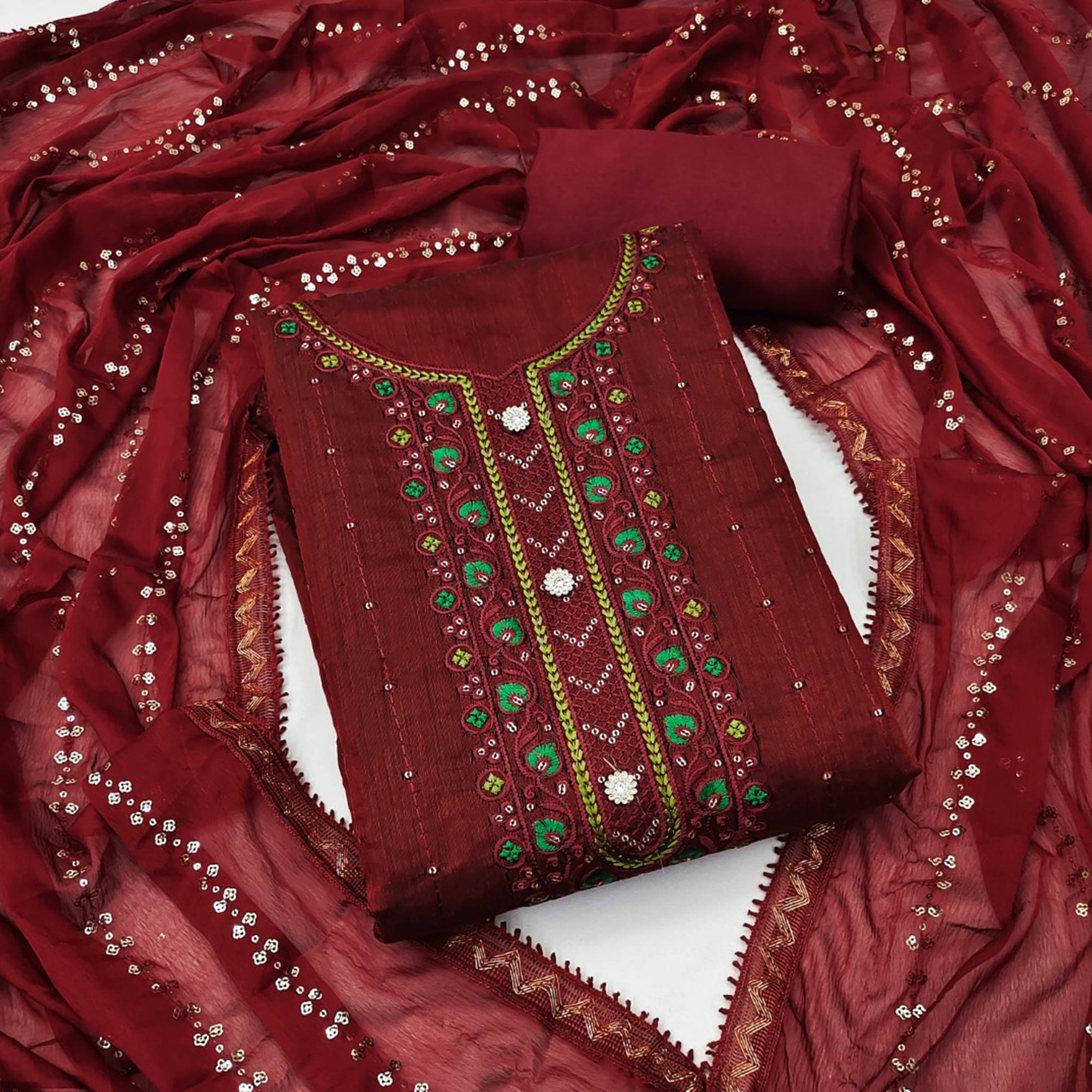 Peachmode Maroon Sequins Embroidered Chanderi Dress Material