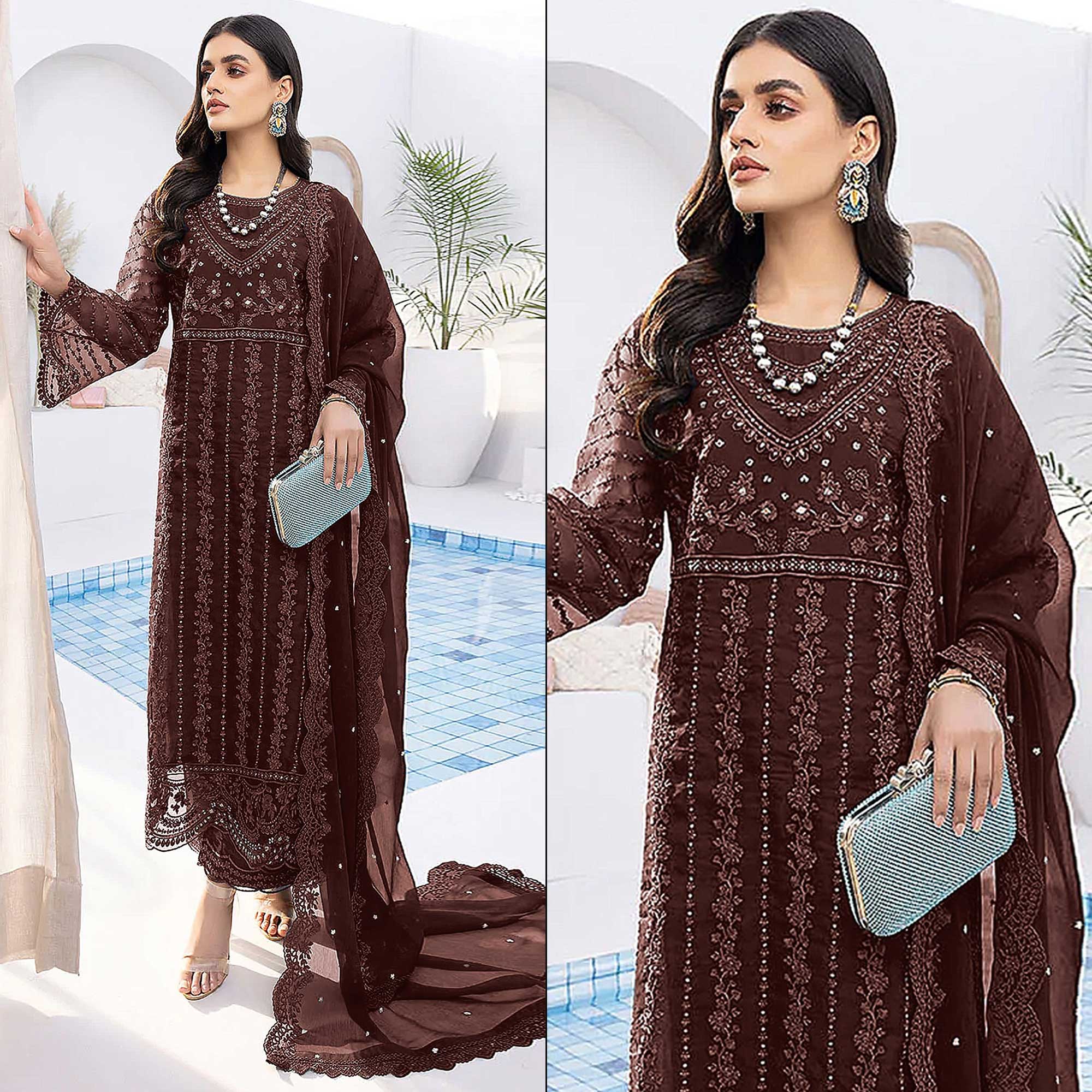 Peachmode Brown Floral Embroidered Organza Semi Stitched Suit