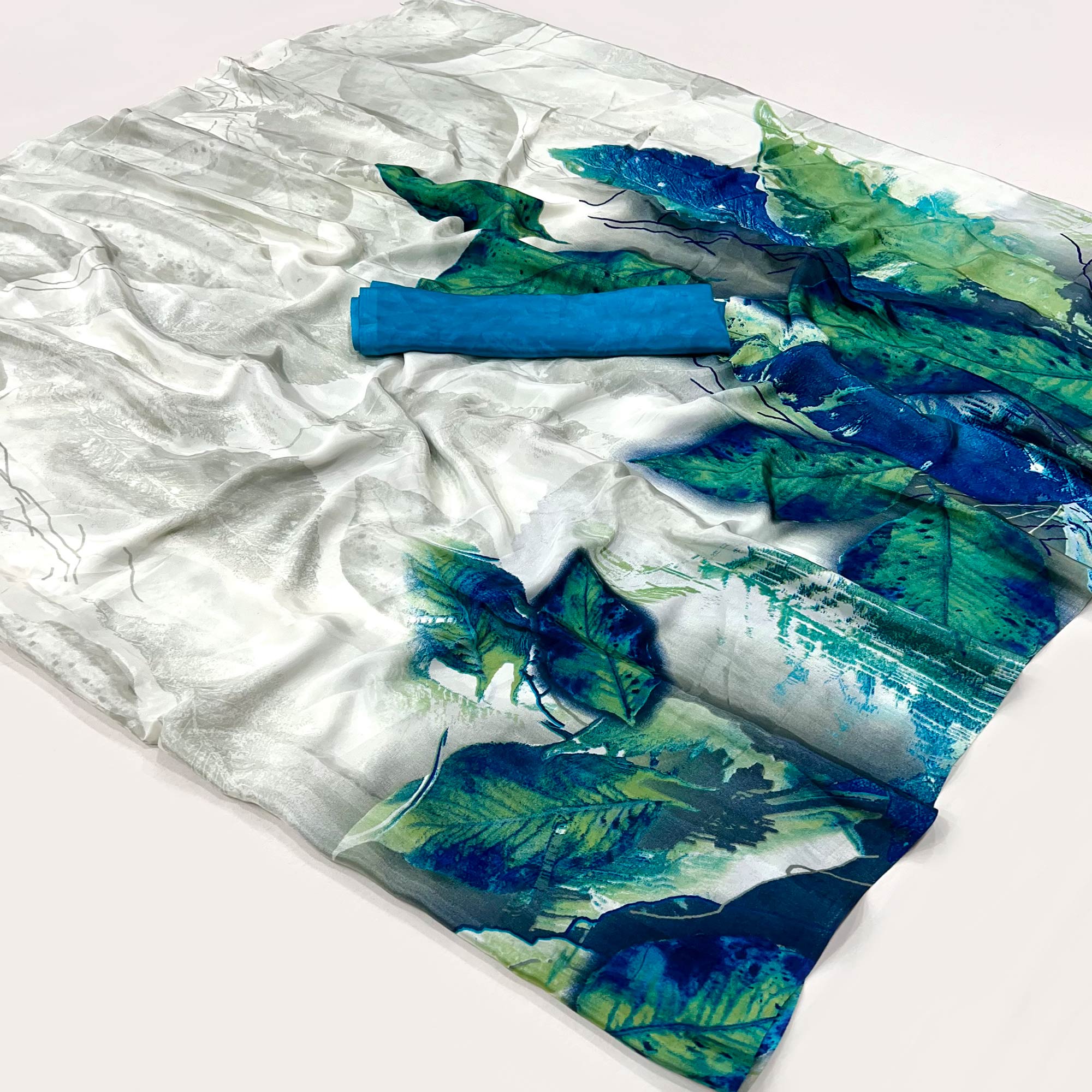 Peachmode Blue Printed Crepe Silk Saree – Women's