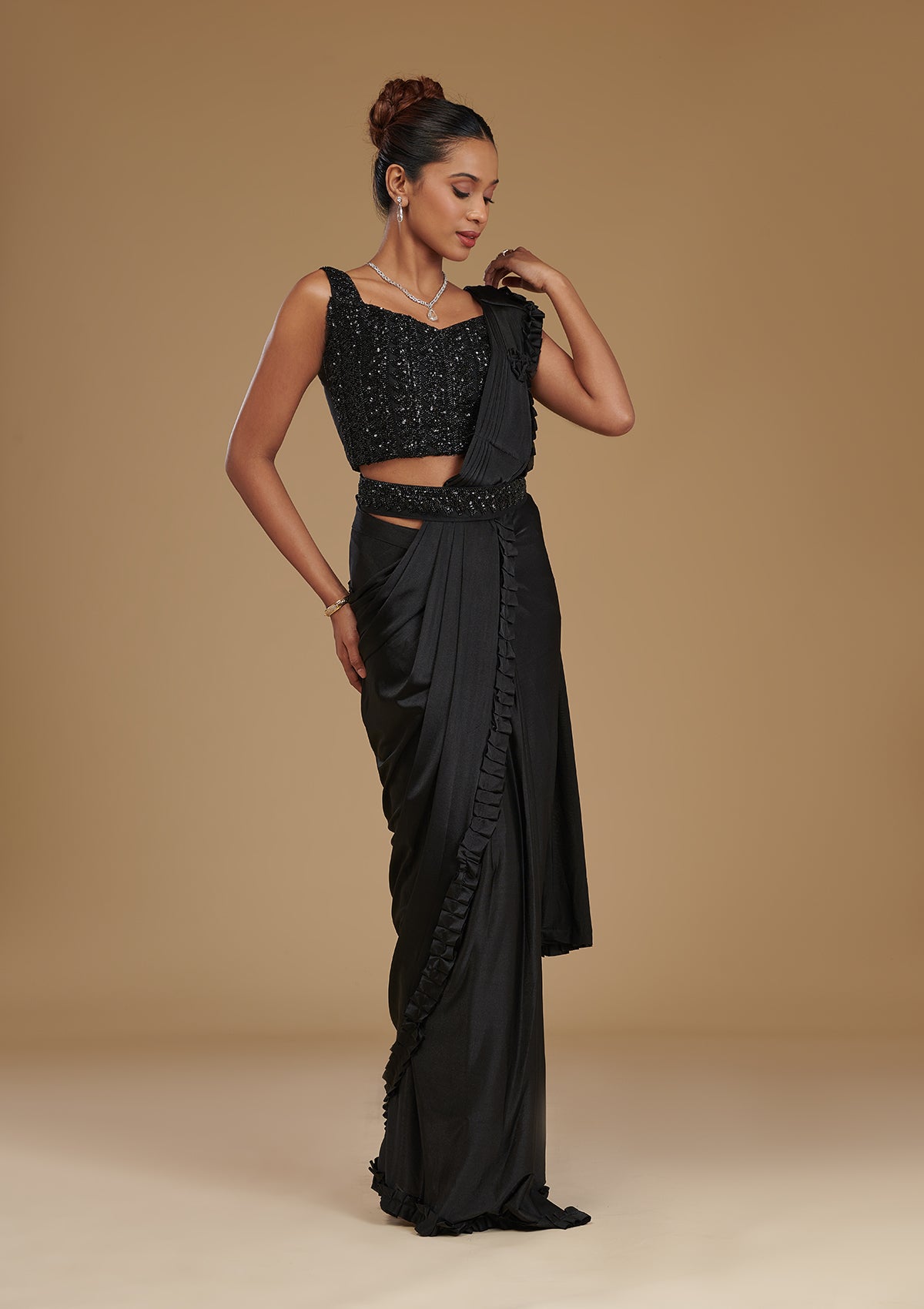 Koskii Black Stonework Satin Readymade Saree – Women's - view 5