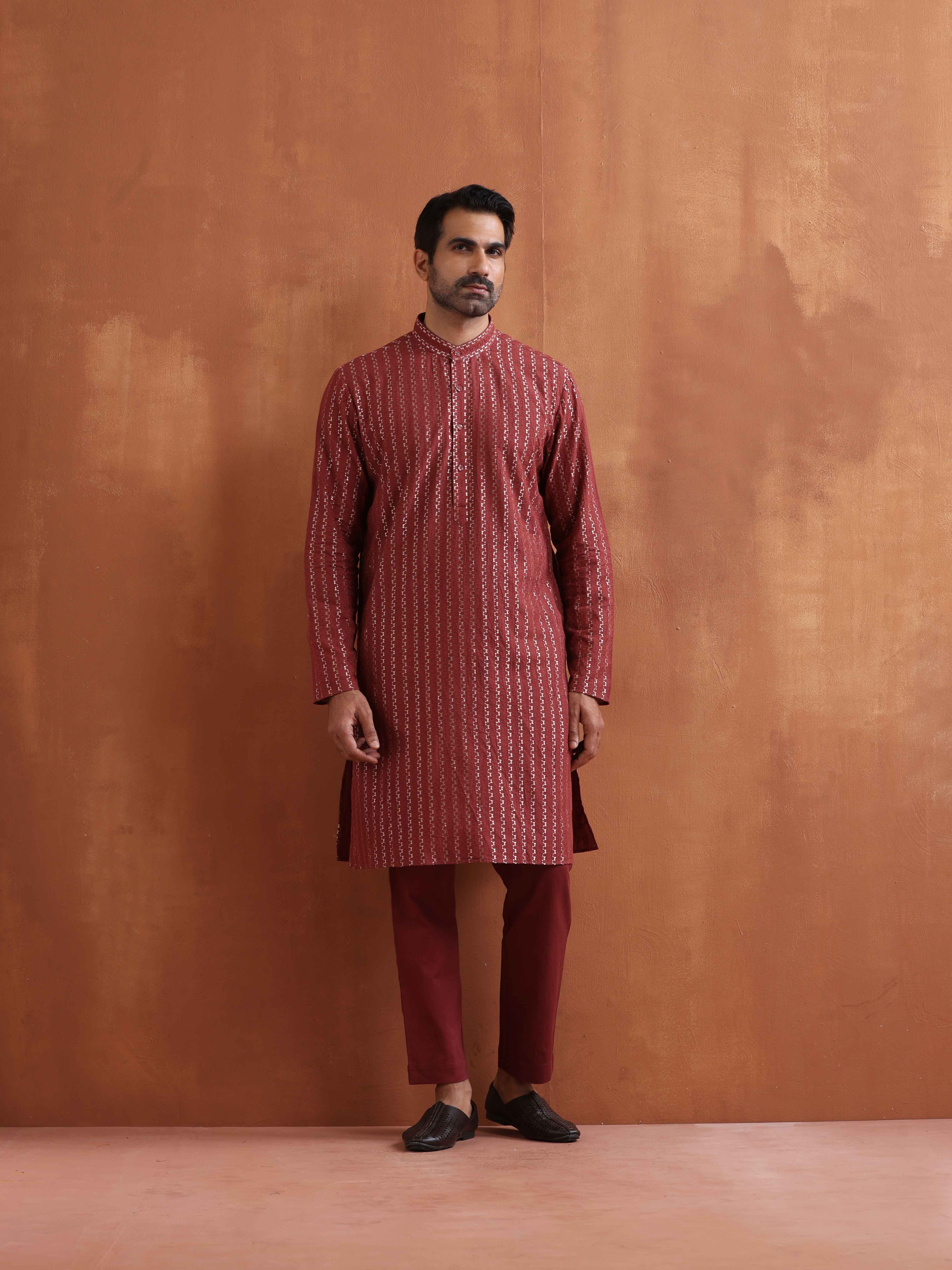 trueBrowns Men's Rust Cotton Dobby Kurta - view 7