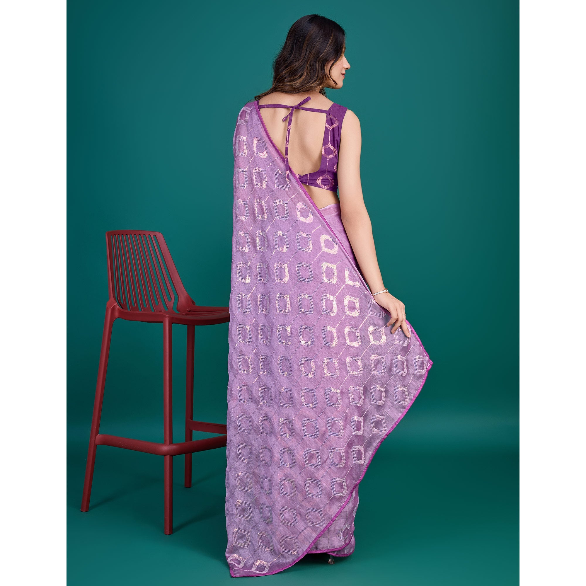 Peachmode Lavender Sequin Embroidered Georgette Saree - view 6
