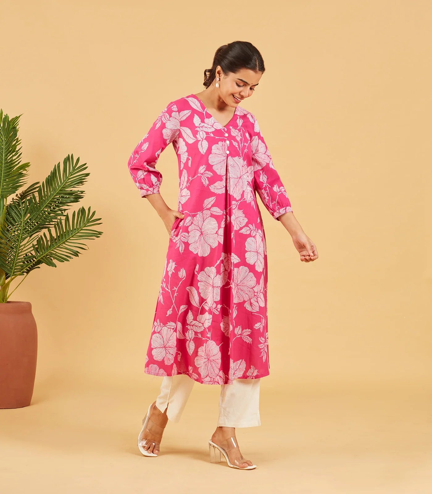 RmKV Bright Pink Floral Printed Cotton Kurta Set