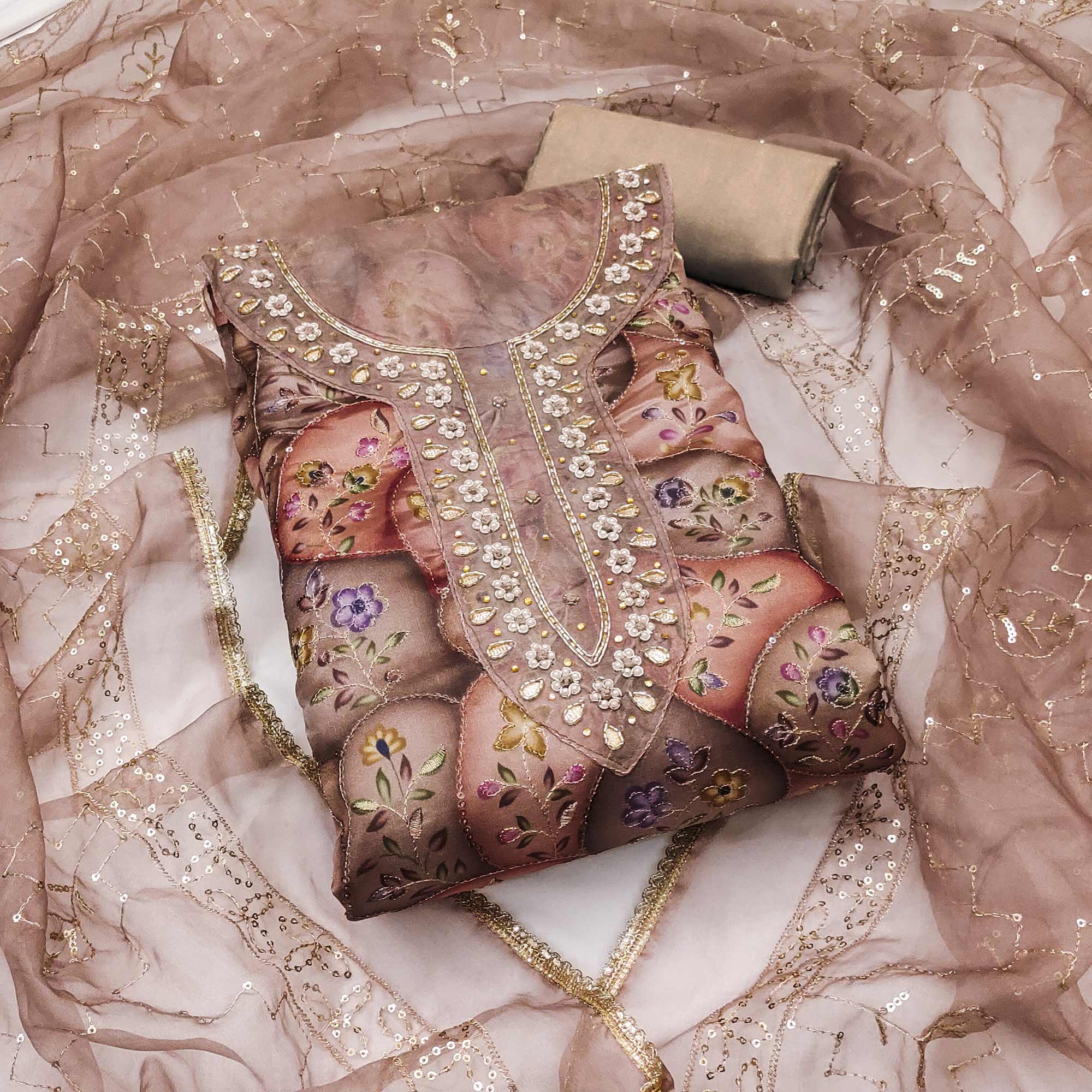 Peachmode Dark Brown Floral Sequins Embroidery With Handwork Organza Dress Material