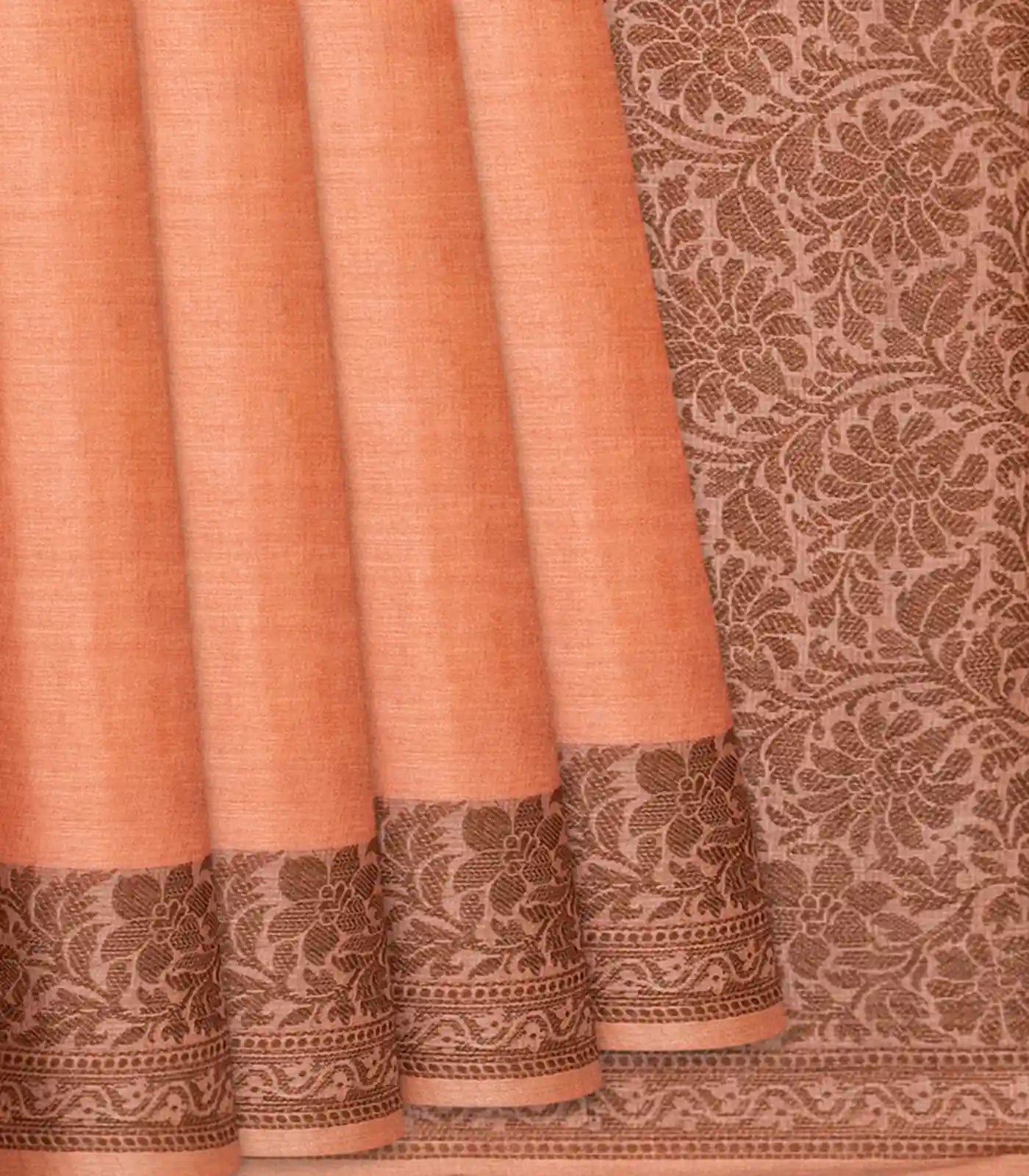 RmKV Peach Handwoven Tussar Silk Saree With Floral Motifs In Border-Peach