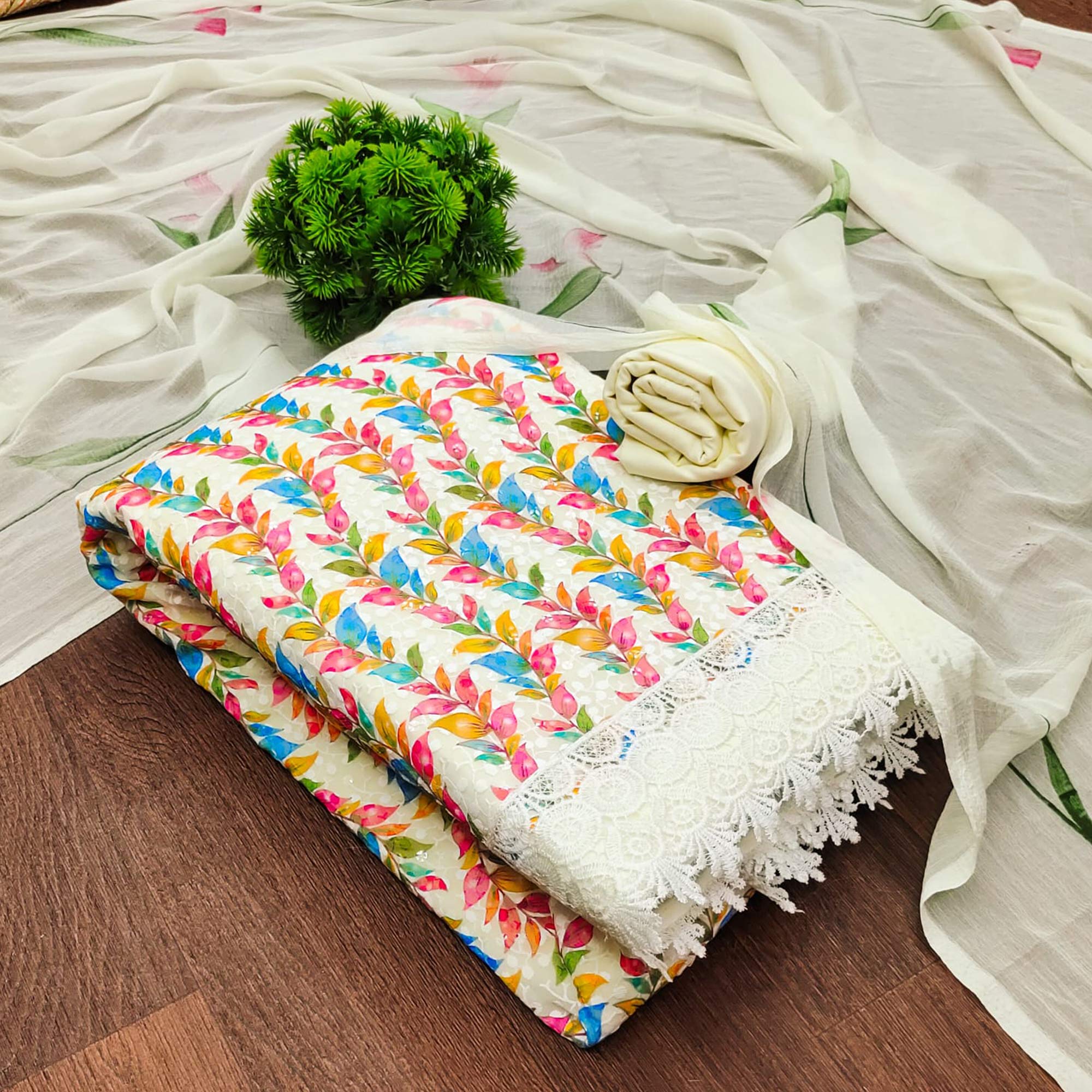 Peachmode Cream Schiffli Embroidered With Digital Printed Georgette Dress Material