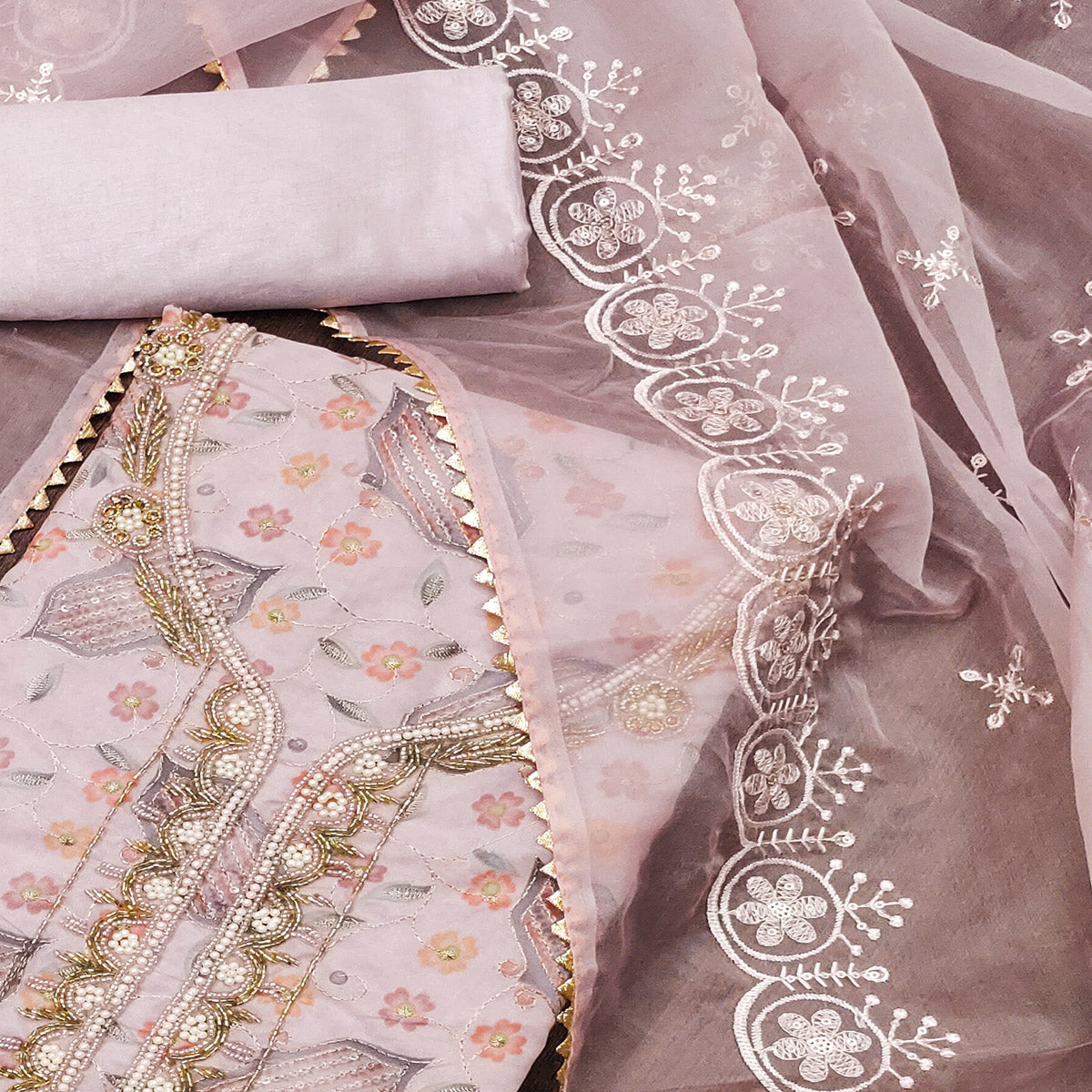 Peachmode Light Pink Floral Embroidered With Handwork Organza Dress Material - view 2