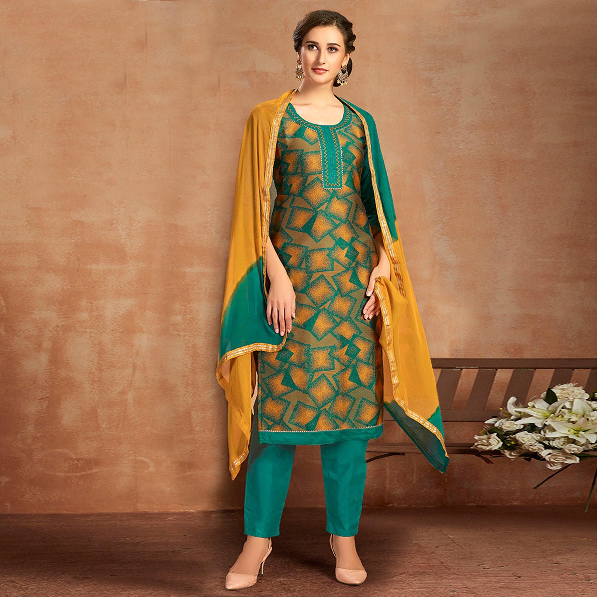 Peachmode Flaunt Green Colored Partywear Embroidered Pure Cotton Dress Material