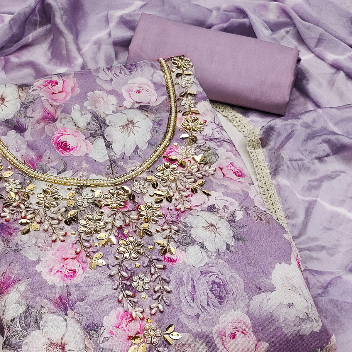 Peachmode Lavender Floral Digital Printed With Hand Embroidery Muslin Dress Material - view 2