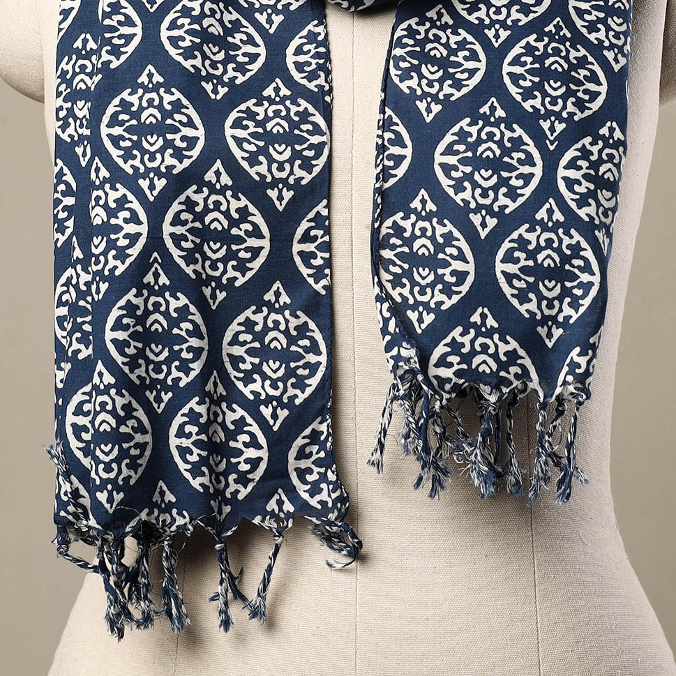 HAVELI CHRONICLES Blue - Block Print Cotton Sanganeri Stole with Tassels 183 - view 2