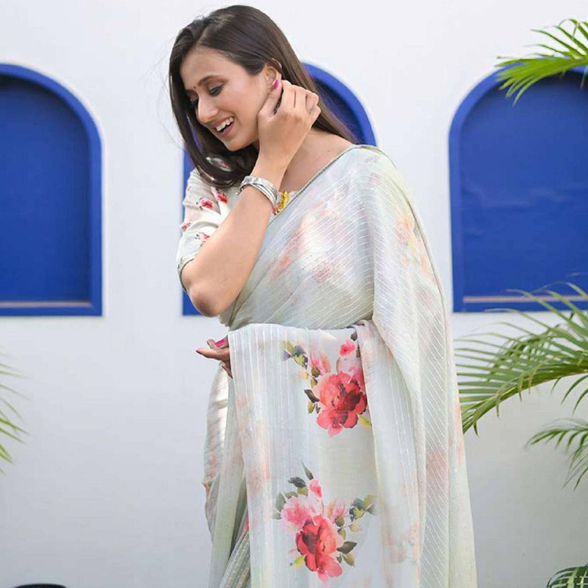 Peachmode Light Blue Party Wear Digital Printed Georgette Saree - view 4