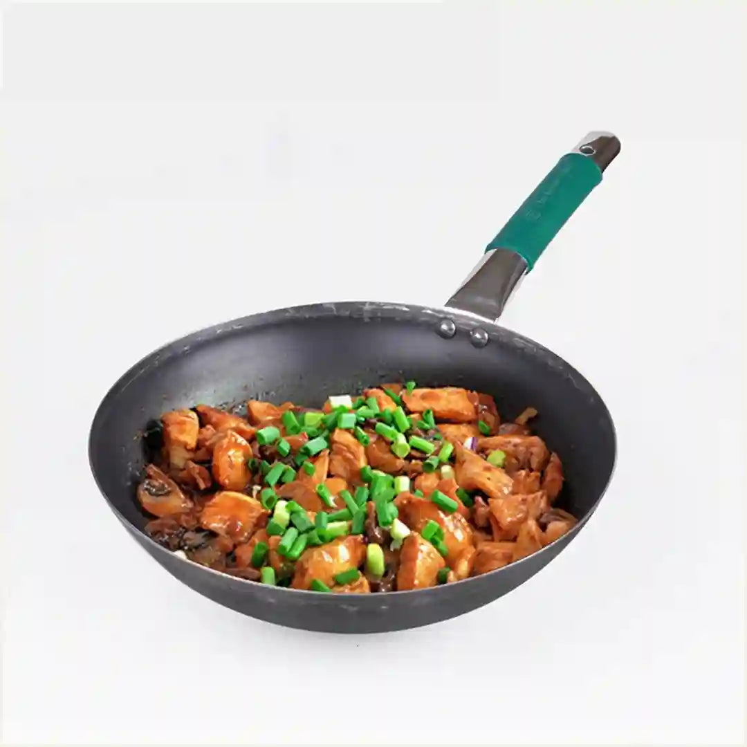 The Indus Valley 100% Pure Iron Wok with Steel Cool Touch Handle & Silicone Grip, Toxin-free Sheet Iron, Pre-seasoned, 2/3.5 L, 24.6/30.8 Cm, 1/1.4 Kg