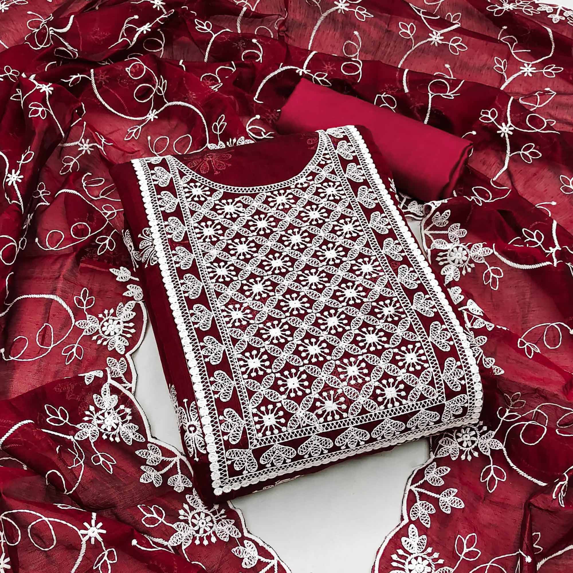 Peachmode Maroon Floral Embroidered Chanderi Dress Material