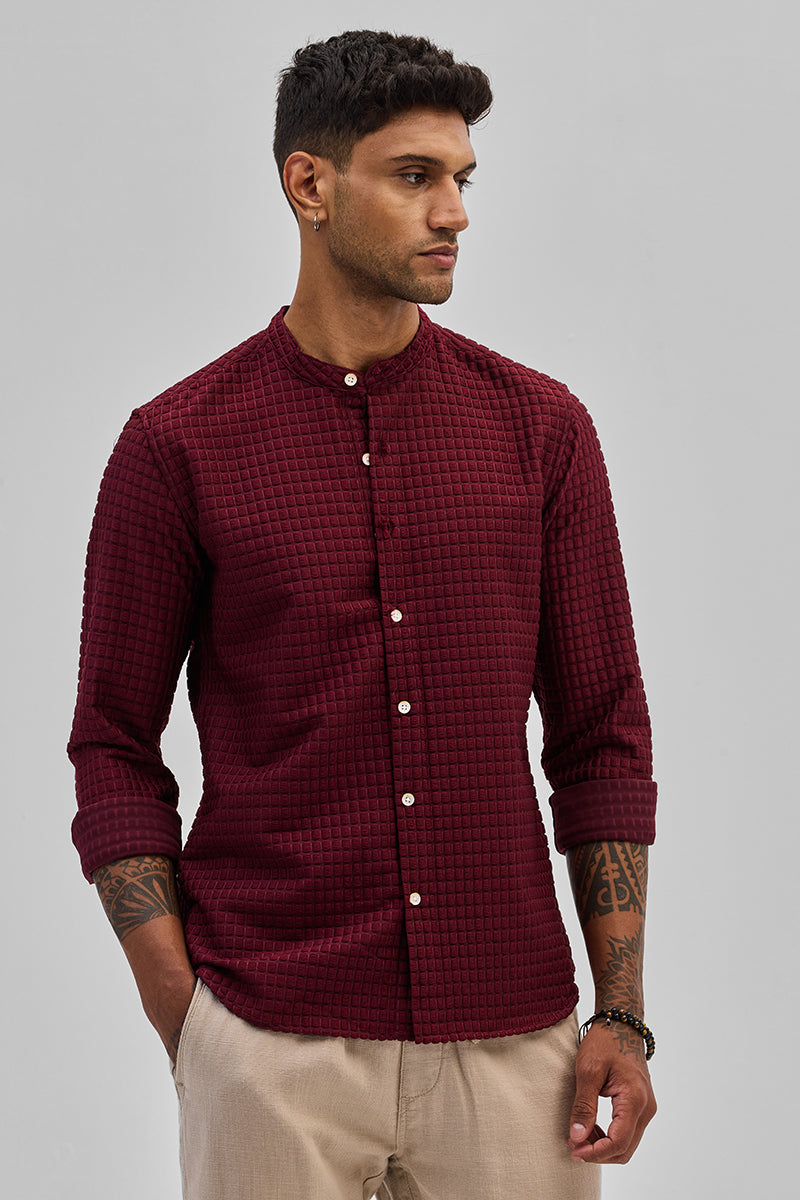 SNITCH Maroon Textured Mandarin Shirt