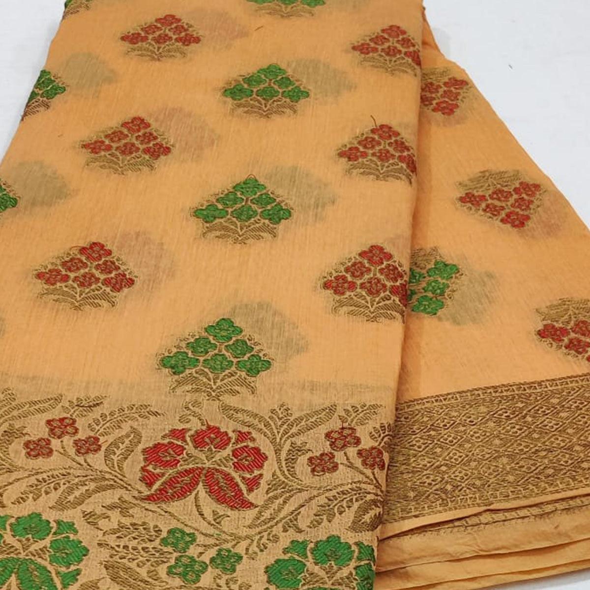 Peachmode Light Orange Festive Wear Floral Woven Cotton Saree With Meena Butta Pallu - view 2