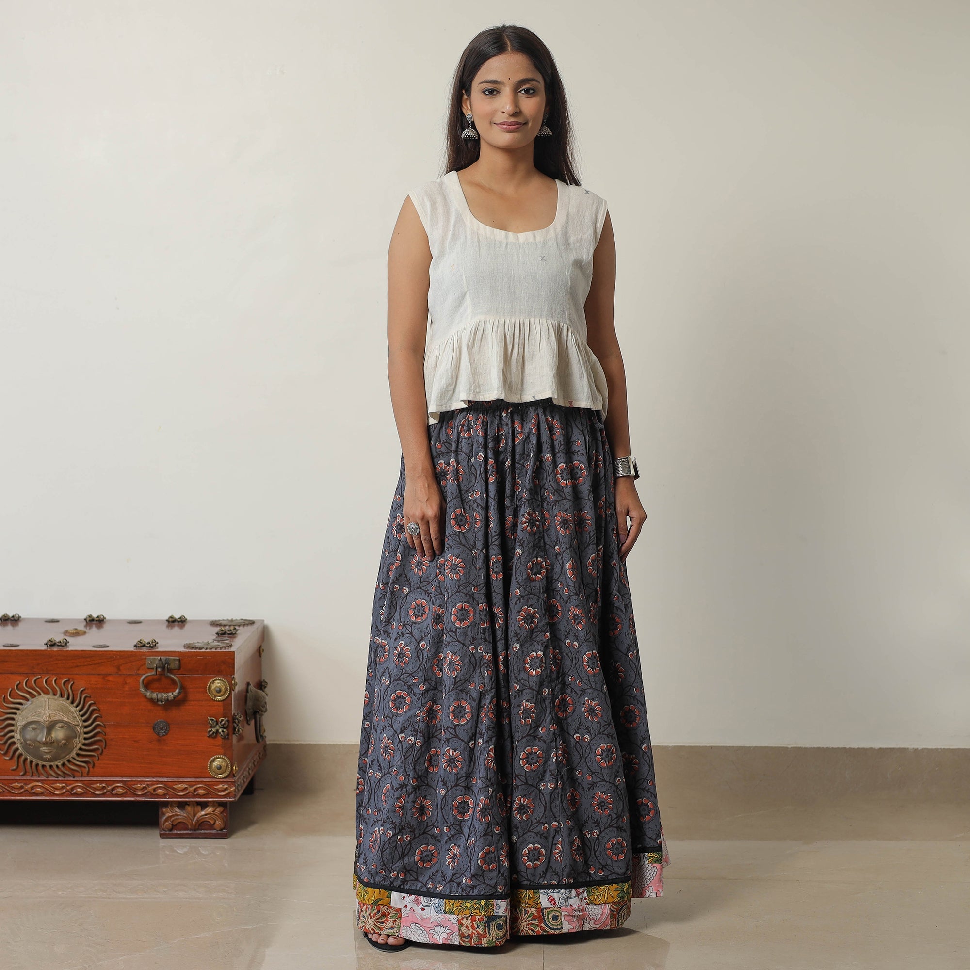 NOORI BAZAR Blue - Bagru Block Printed 24 Kali Patchwork Cotton Long Skirt 17