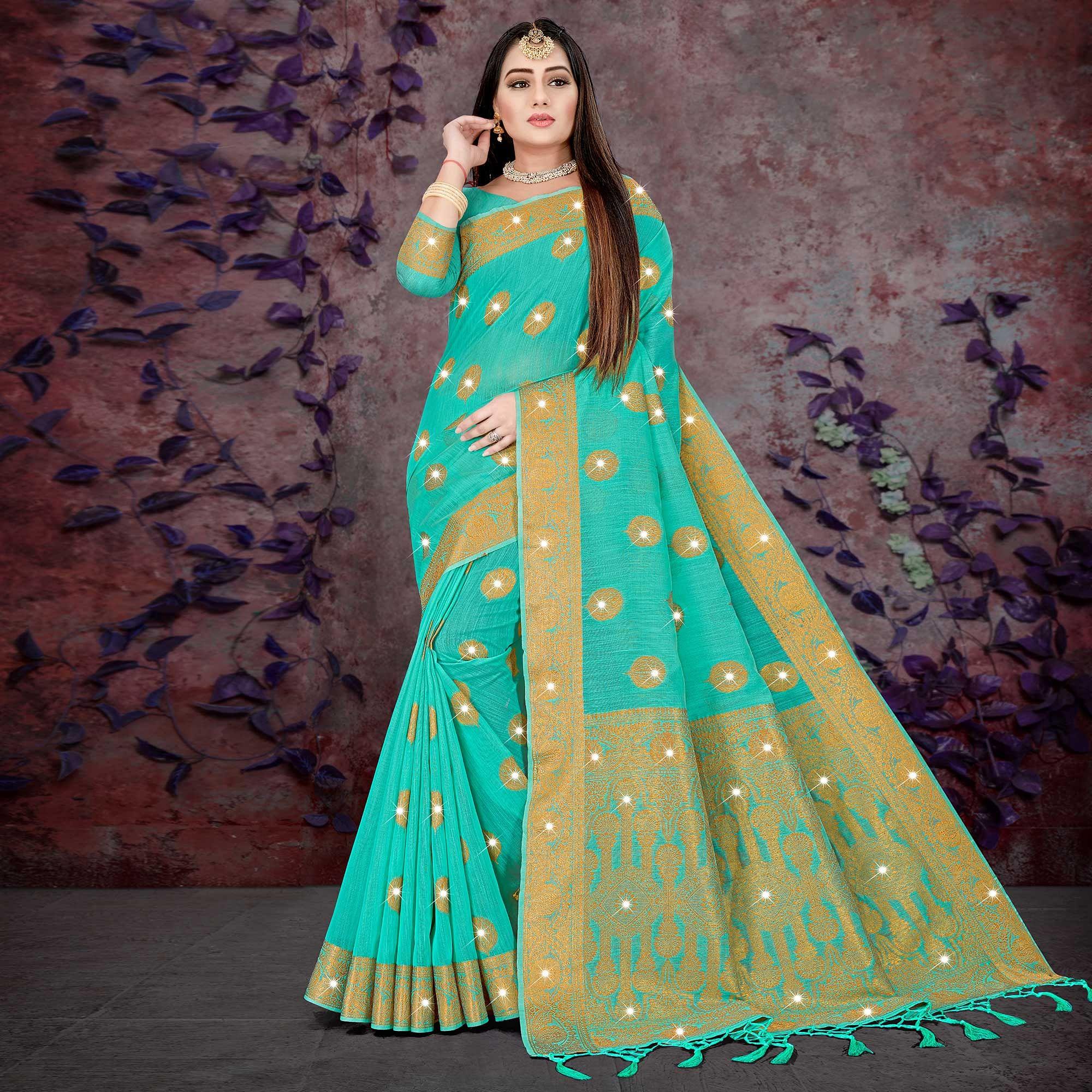 Peachmode Blue Woven With Swarovski Cotton Silk Saree