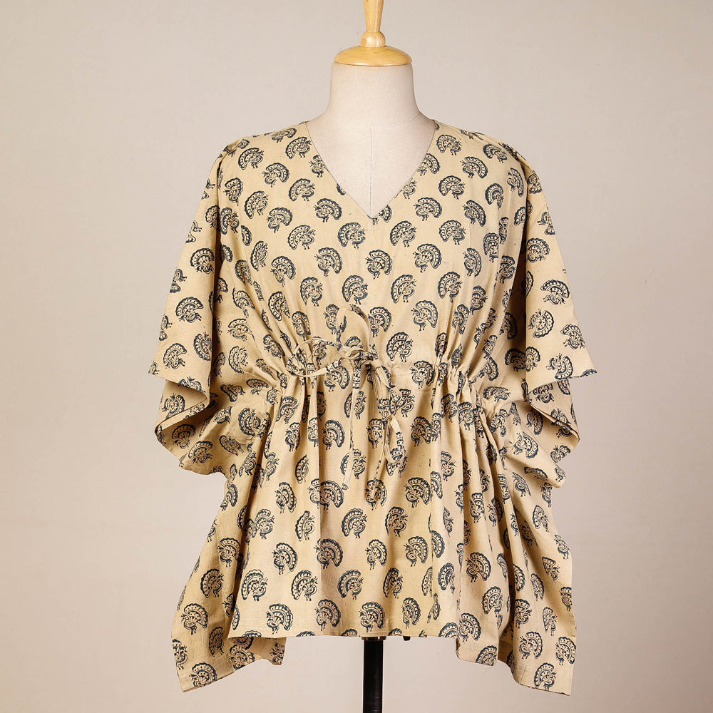 CHUTNEY CRAFT STUDIO Beige - Block Print Cotton Kalamkari Kaftan with Tie-Up Waist (Short)