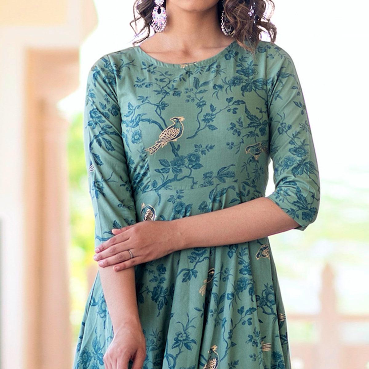 Peachmode Seller Magnetic Light Aqua Colored Partywear Printed Muslin Blend Long Kurti - view 2