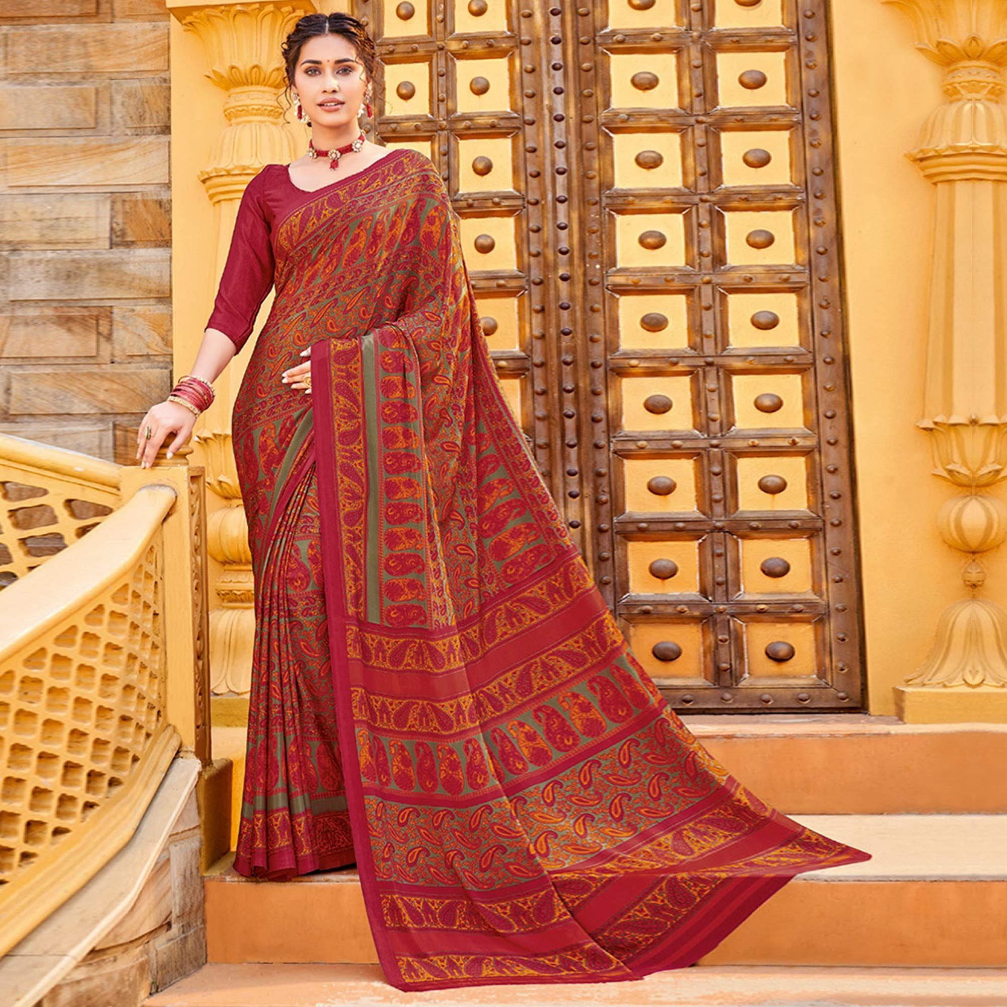 Peachmode Maroon Printed Crepe Saree – Women's