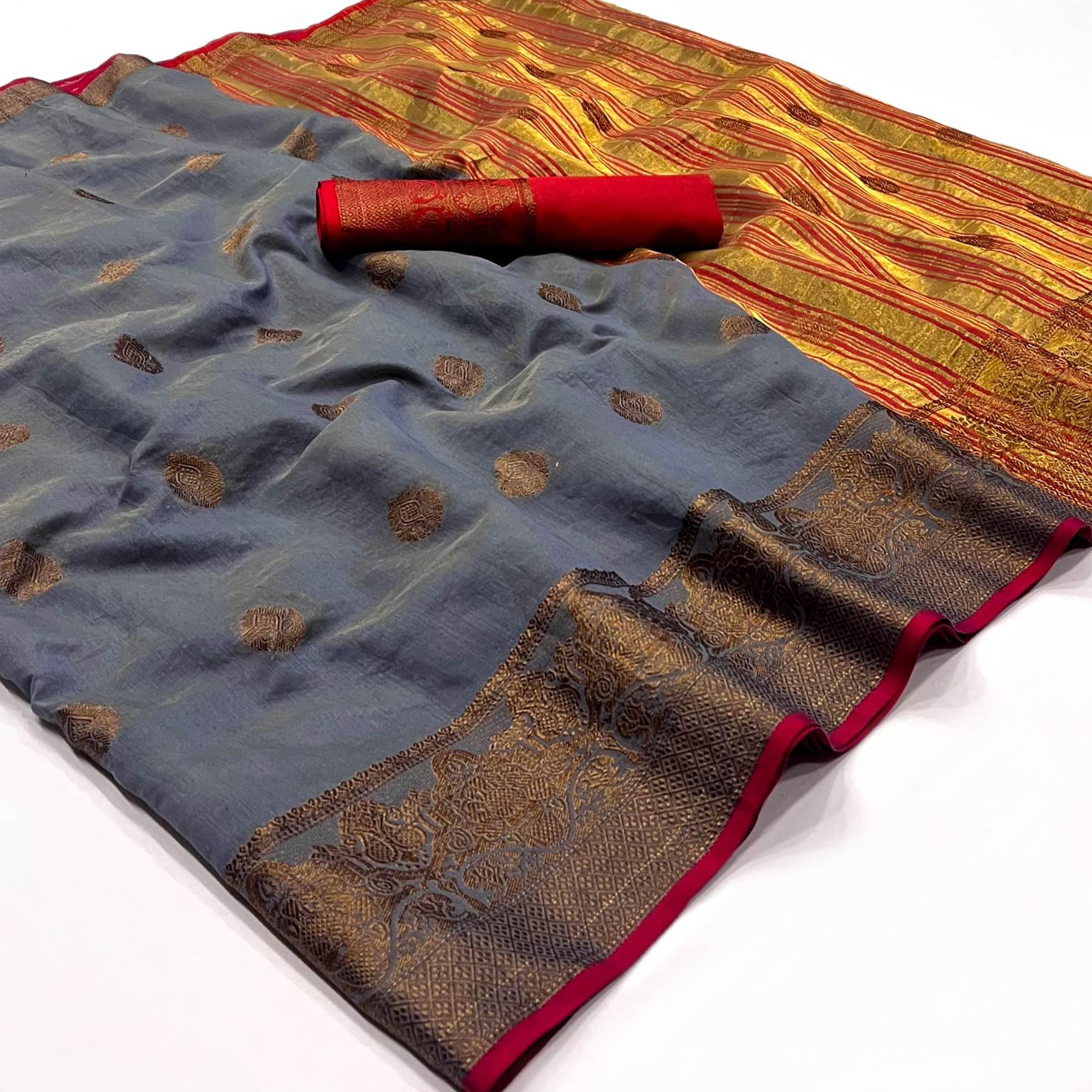 Peachmode Grey Woven Linen Saree – Women's