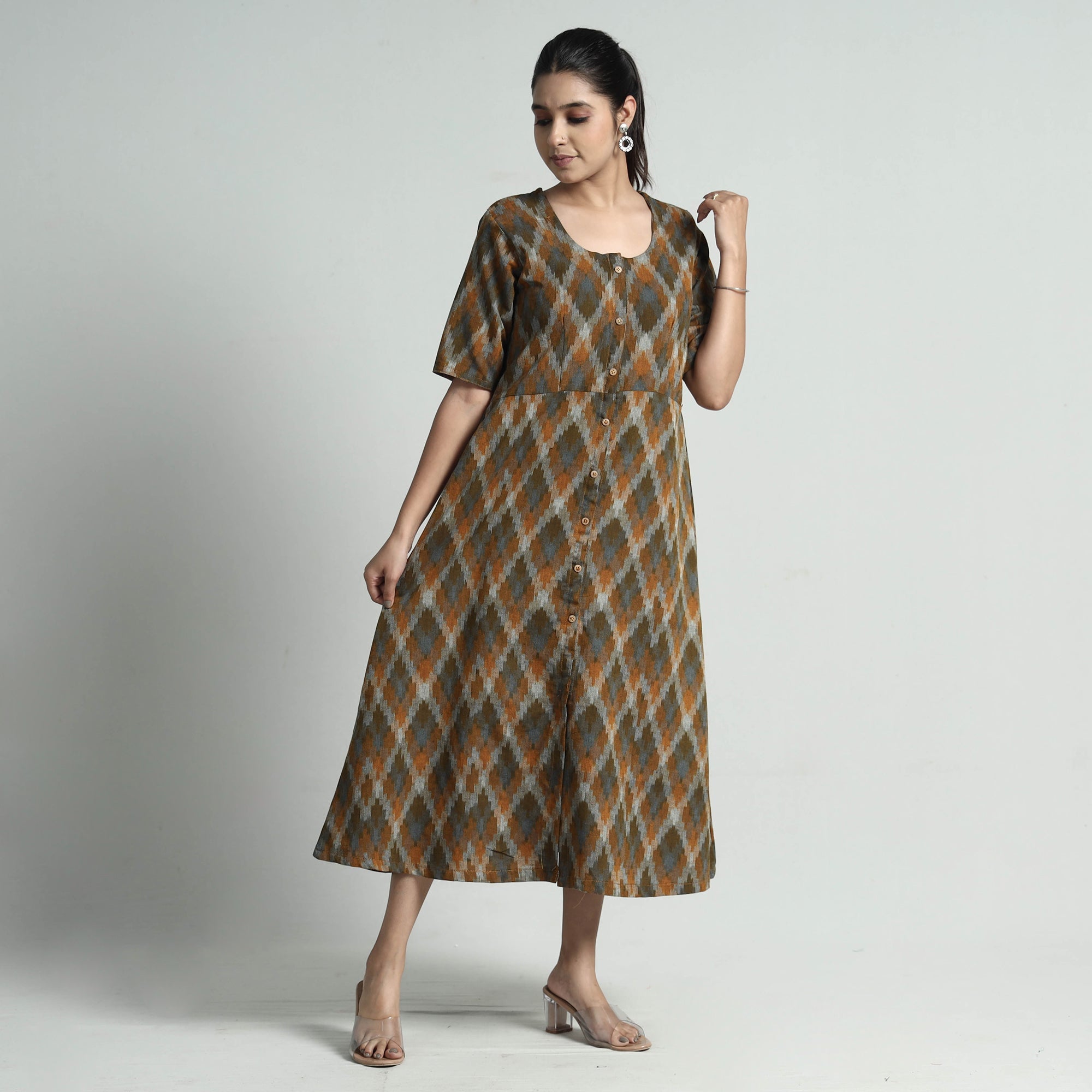 ITOKRI CASUALS Brown - Pochampally Double Ikat Weave Cotton Dress - view 2
