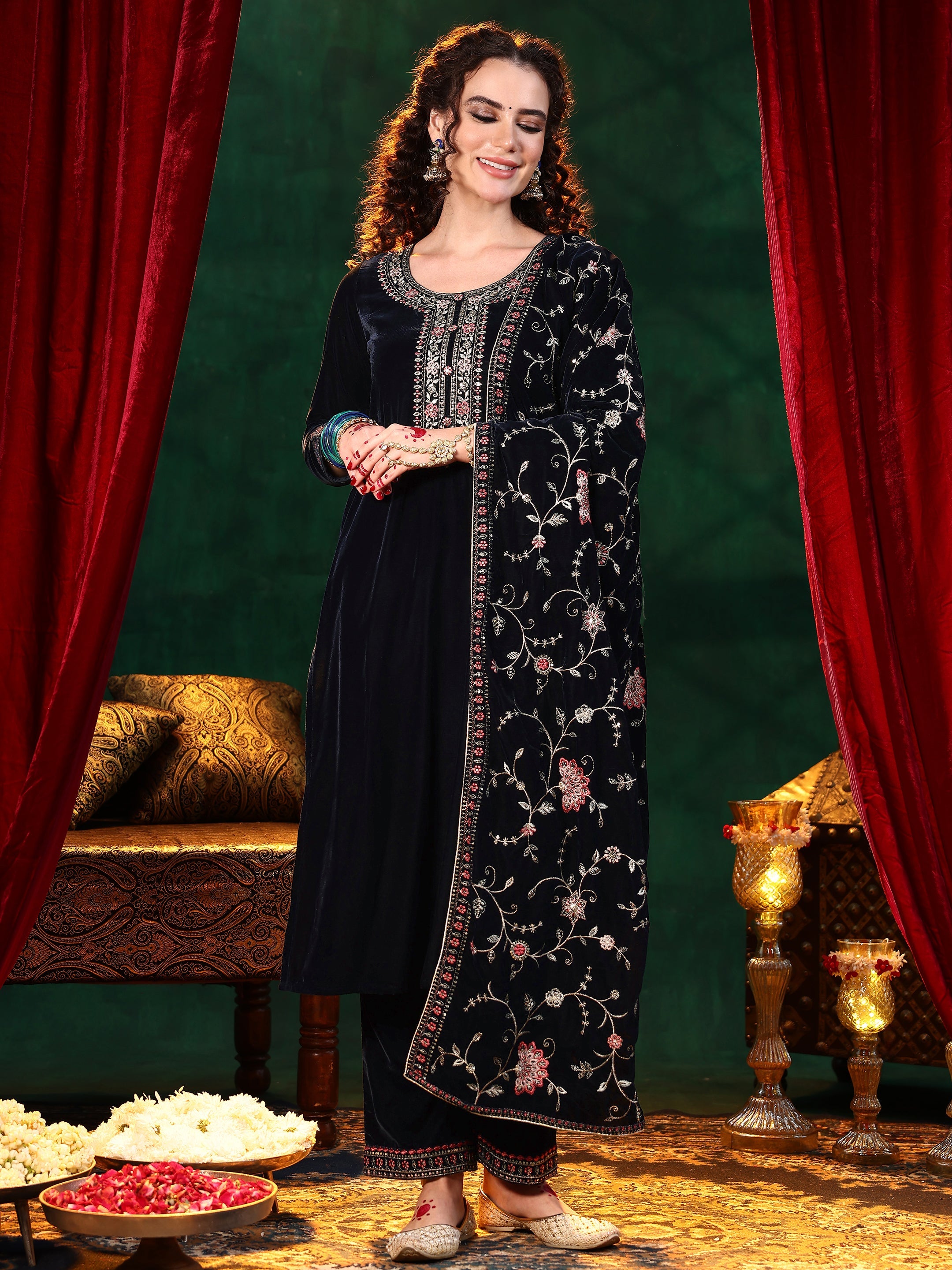 Libas Blue Yoke Design Velvet Straight Suit With Dupatta - view 2