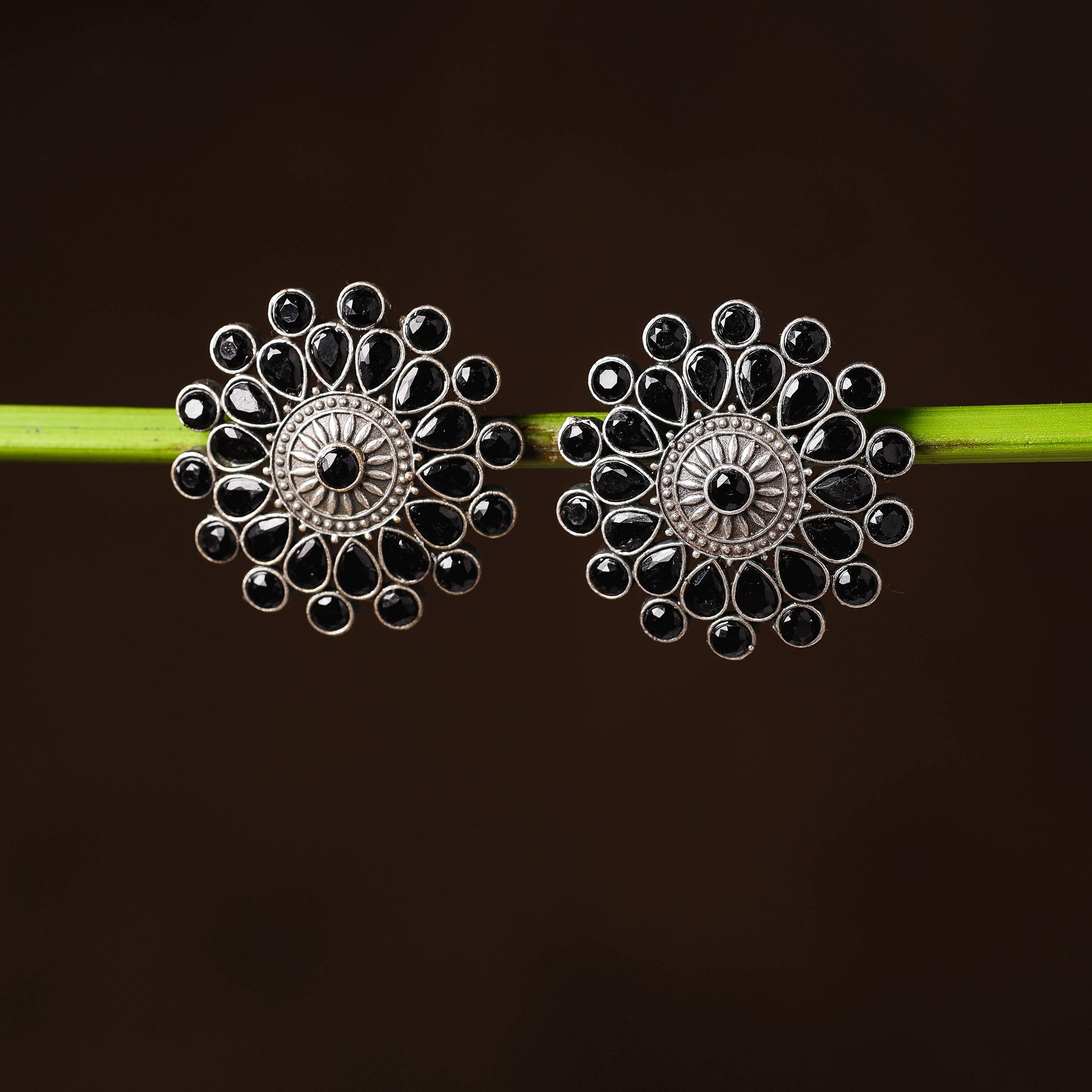 WHITE RIVER STORIES Antique Silver Finish Oxidised Brass Base Stone Work Stud Earrings