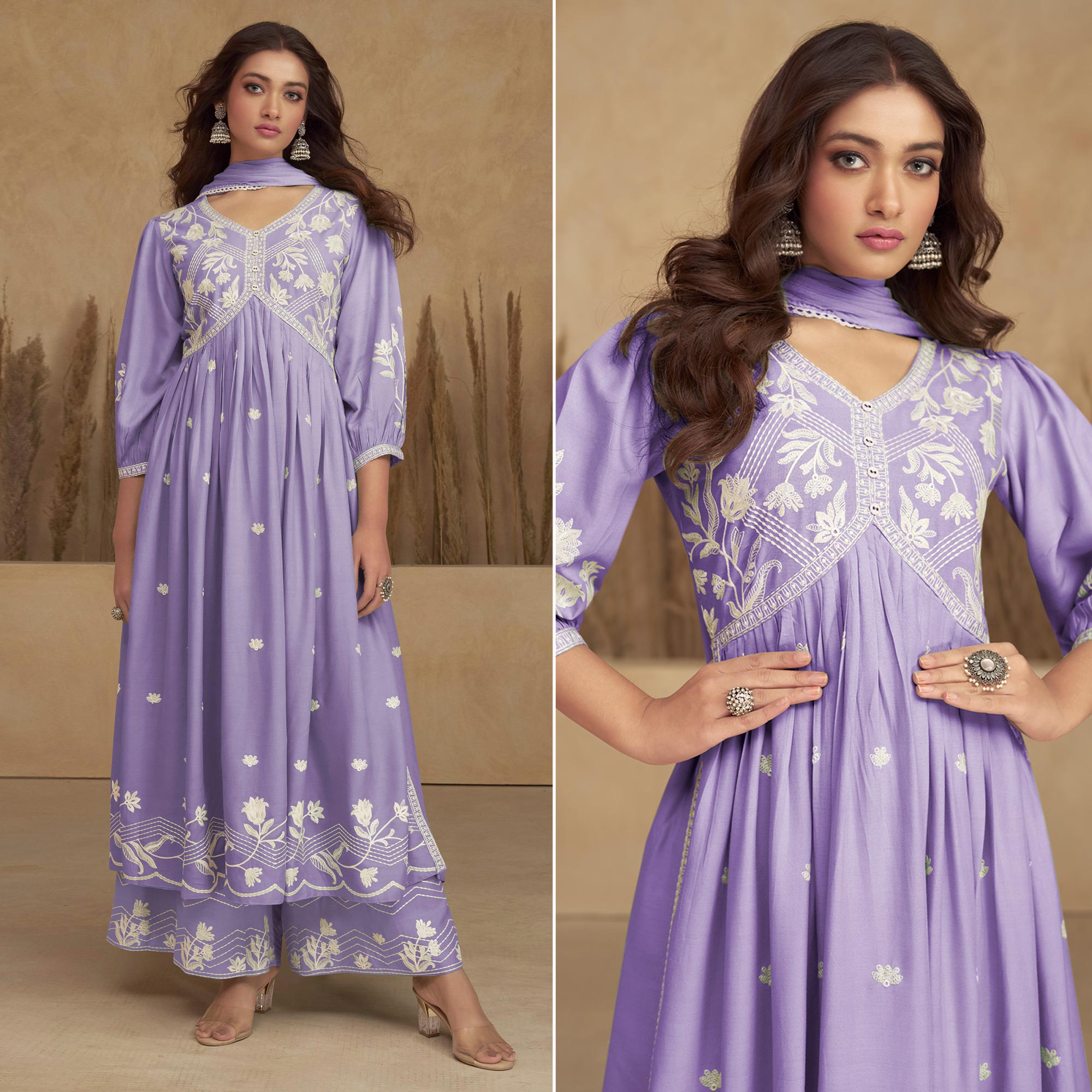 Peachmode Light Purple Lucknowi Embroidered Rayon Alia Cut Suit