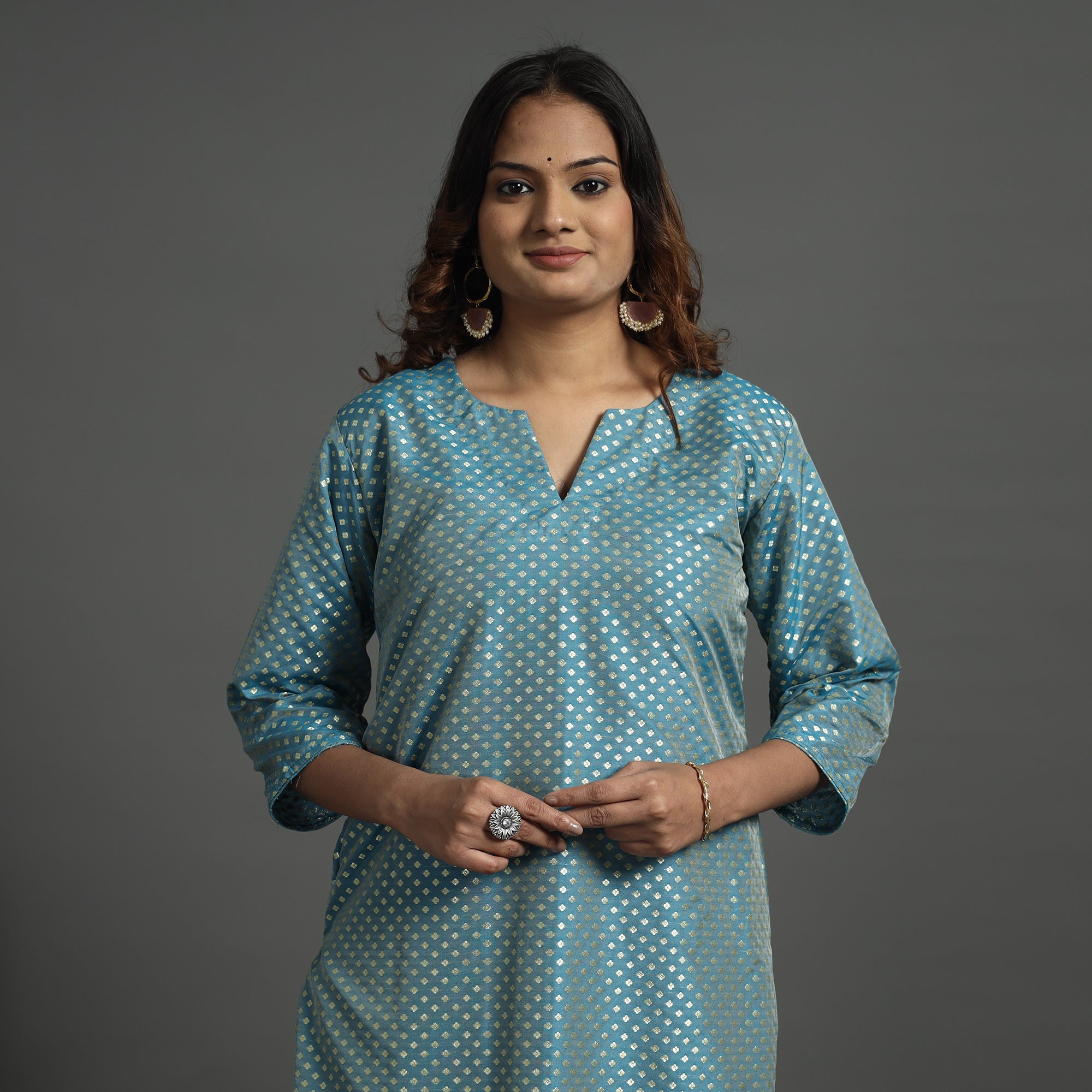 ITOKRI CASUALS Aqua Blue - Elegant Banarasi Brocade Silk Kurta with Pant Set - view 2