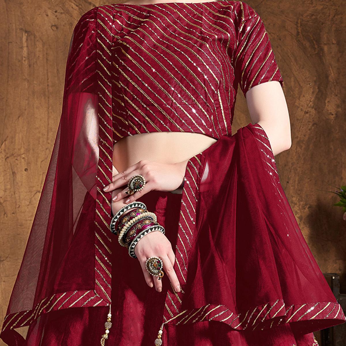 Peachmode Excellent Red Colored Partywear Embroidered Banglori Silk Lehenga - view 3