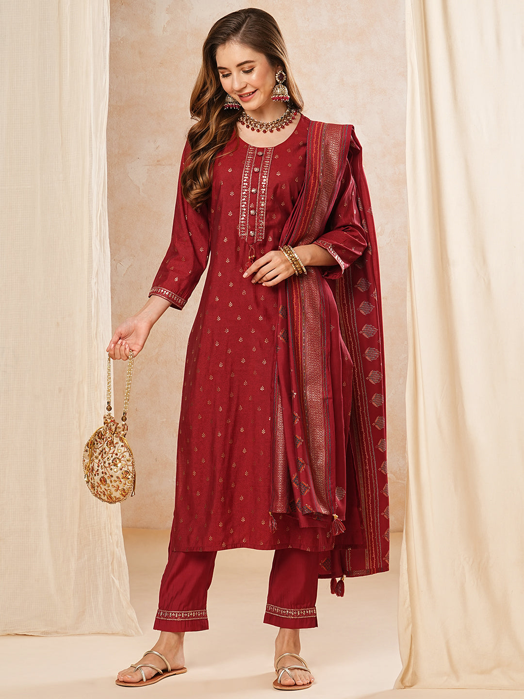 Fashor Ethnic Printed Zari & Sequins Embroidered Kurta with Pants & Dupatta - Red