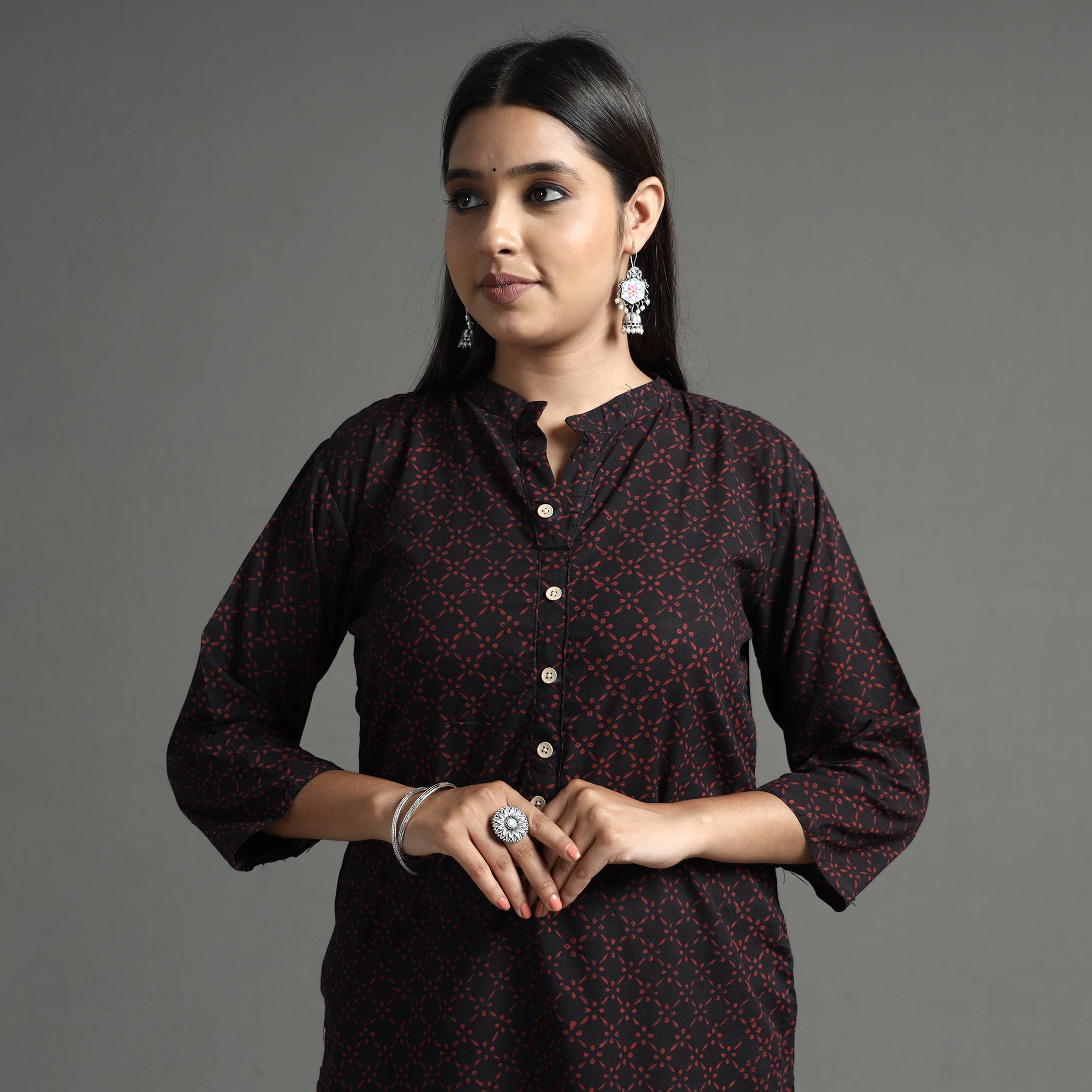 ITOKRI CASUALS Black - Akola Block Printed Cotton Long Straight Kurta